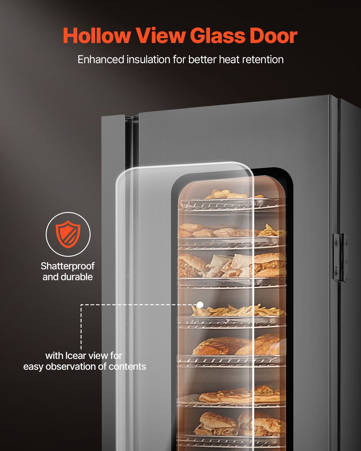 Podgrzewacz do przekąsek VEVOR Hot Box z 16 poziomami i tacką na wodę, szklanymi drzwiami i regulowanymi półkami, szafka ze stali nierdzewnej do podgrzewania żywności, idealna do przechowywania pizzy i kurczaka