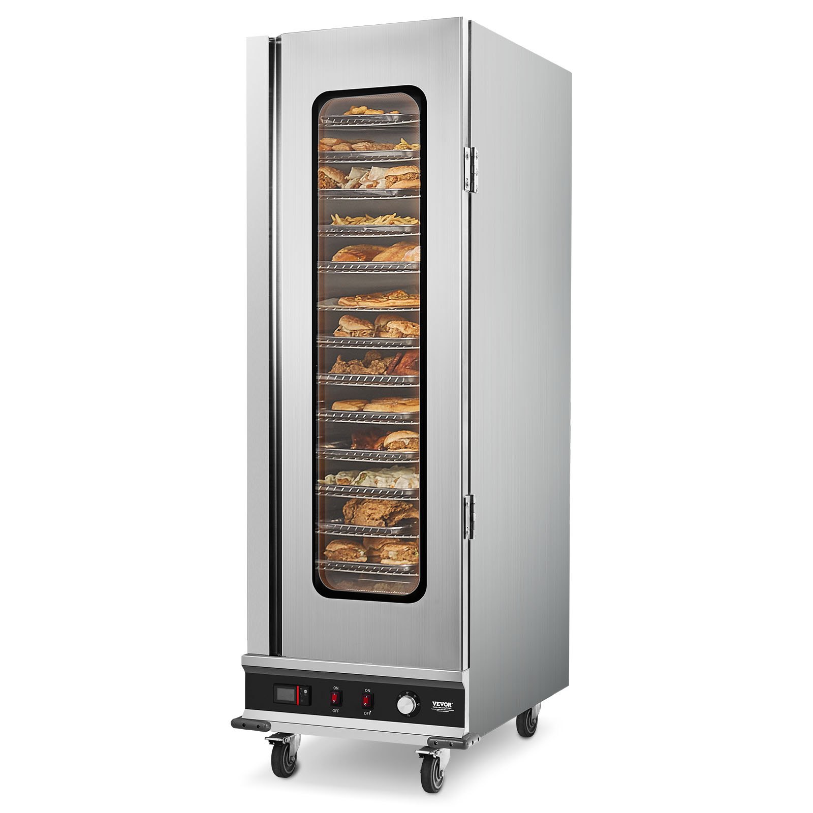 Podgrzewacz do przekąsek VEVOR Hot Box z 16 poziomami i tacką na wodę, szklanymi drzwiami i regulowanymi półkami, szafka ze stali nierdzewnej do podgrzewania żywności, idealna do przechowywania pizzy i kurczaka