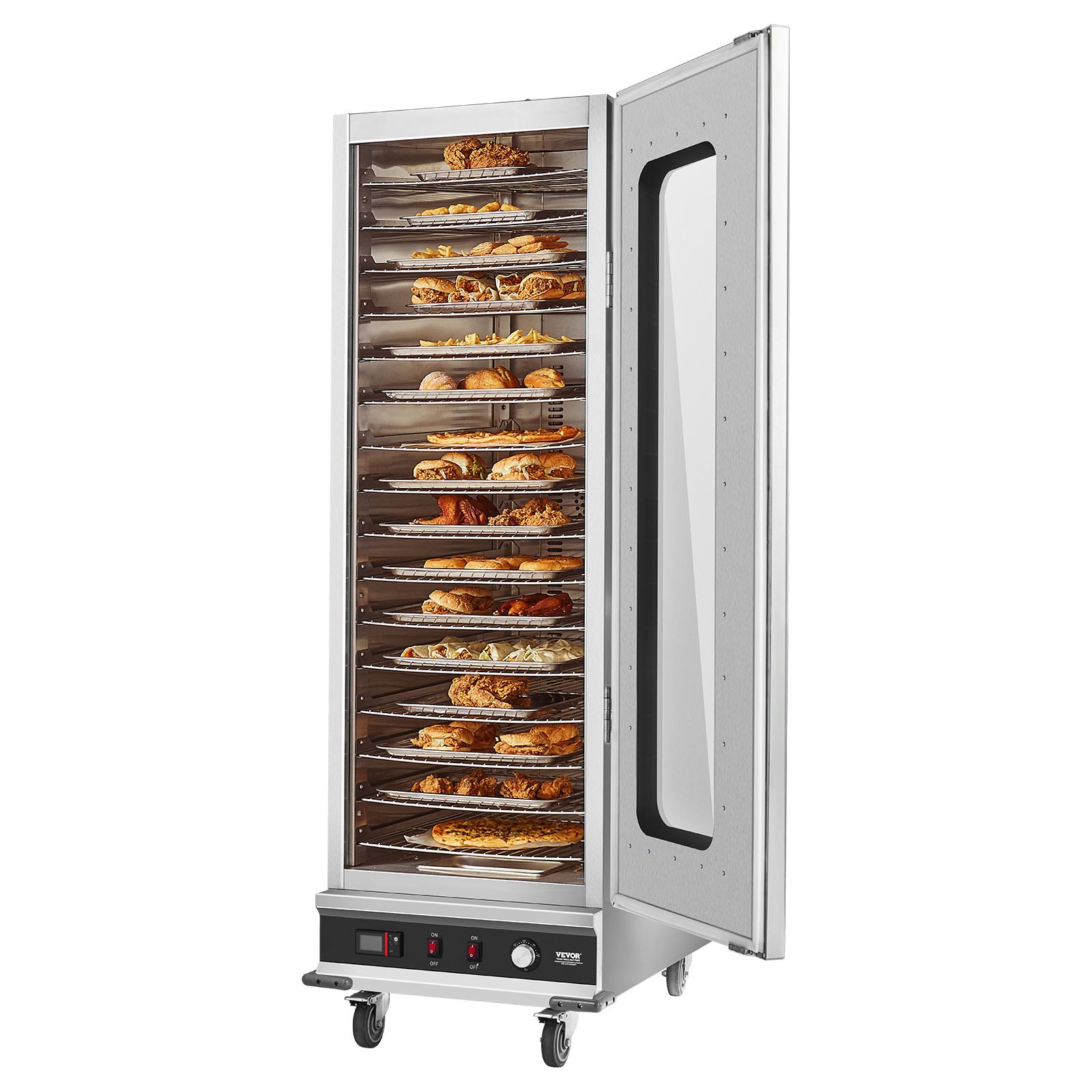 Podgrzewacz do przekąsek VEVOR Hot Box z 16 poziomami i tacką na wodę, szklanymi drzwiami i regulowanymi półkami, szafka ze stali nierdzewnej do podgrzewania żywności, idealna do przechowywania pizzy i kurczaka