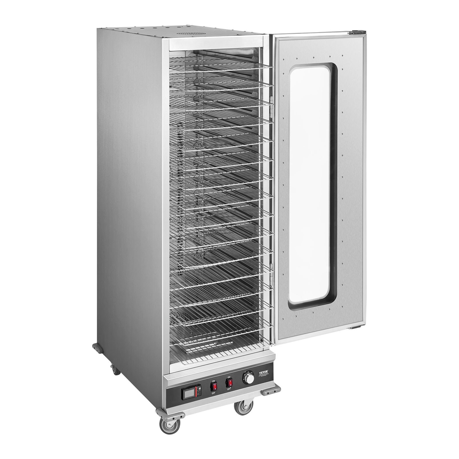 Podgrzewacz do przekąsek VEVOR Hot Box z 16 poziomami i tacką na wodę, szklanymi drzwiami i regulowanymi półkami, szafka ze stali nierdzewnej do podgrzewania żywności, idealna do przechowywania pizzy i kurczaka