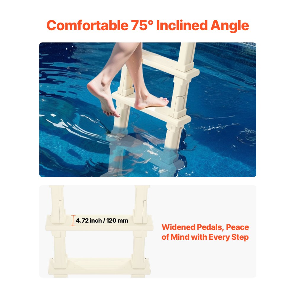 Drabinka basenowa VEVOR, nachylona pod kątem 75°, 5-stopniowa, z podwójną poręczą, wejście do basenu, nośność 136 kg, do basenów naziemnych i podziemnych o średnicy 122–137 cm, montowanych na dowolnej powierzchni tarasu, wewnątrz i na zewnątrz.