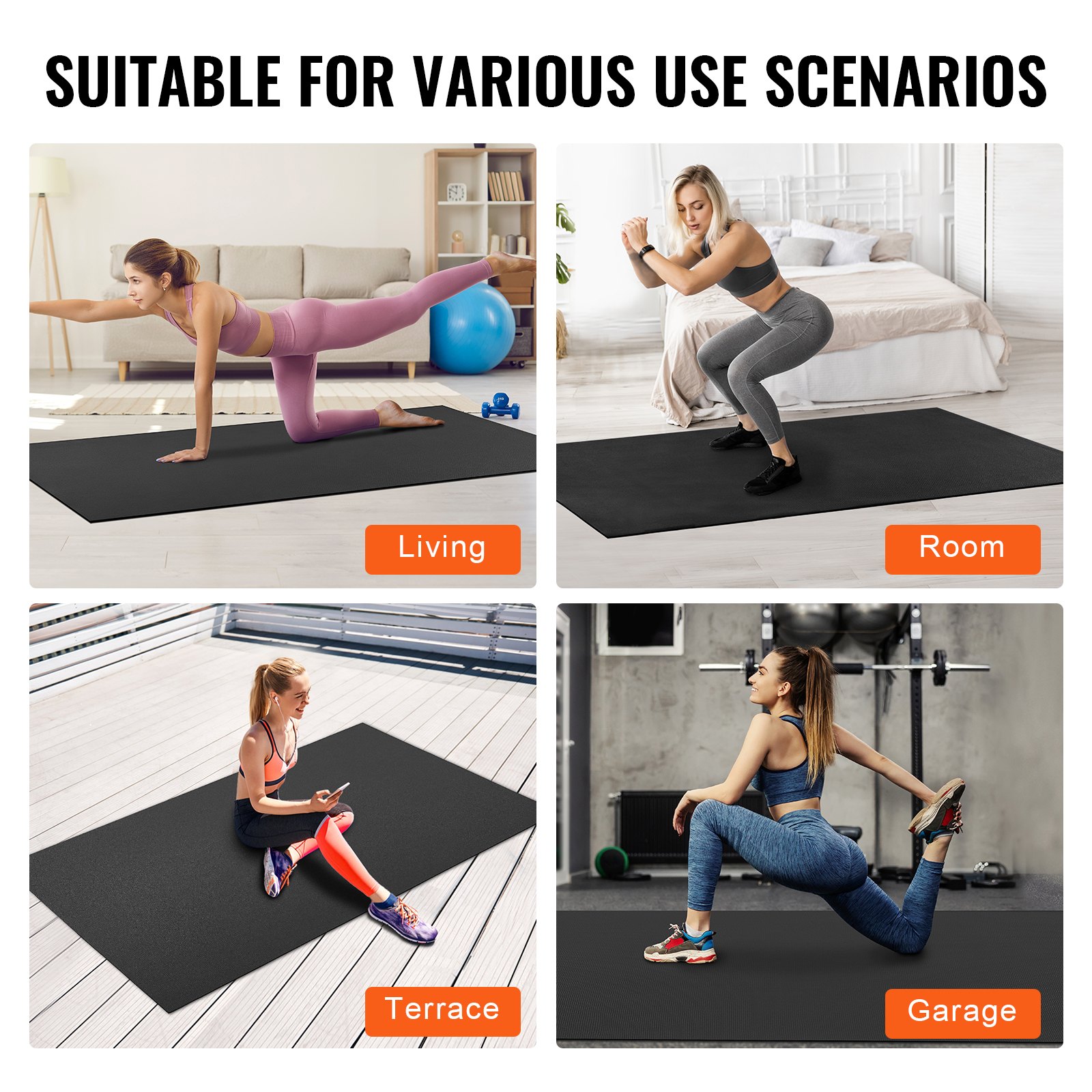 VEVOR Training Mat, Non-Slip, High-Density Premium Yoga Mat, Training Yoga Mat for Men and Women, Fitness and Exercise Mat with Bag and Carrying Strap, for All Types of Home Yoga, Pilates and Floor Training (2.4 x 1.5 m)