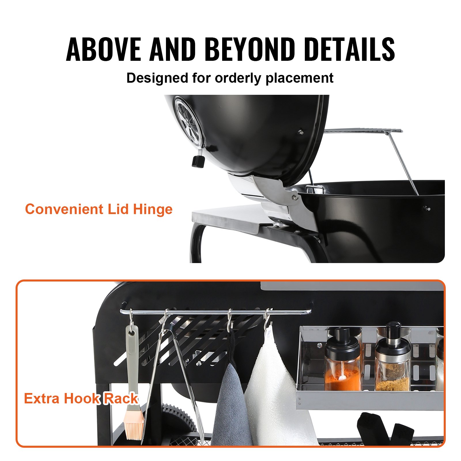 VEVOR Grill węglowy Wózek Grill węglowy 109x79x101 cm, Grill kombinowany Grill kominkowy Grill 54 x 54 cm Miejsce na grilla Grill kempingowy z popielniczką i hakiem, Grill zewnętrzny Grill typu kociołek Obiad rodzinny