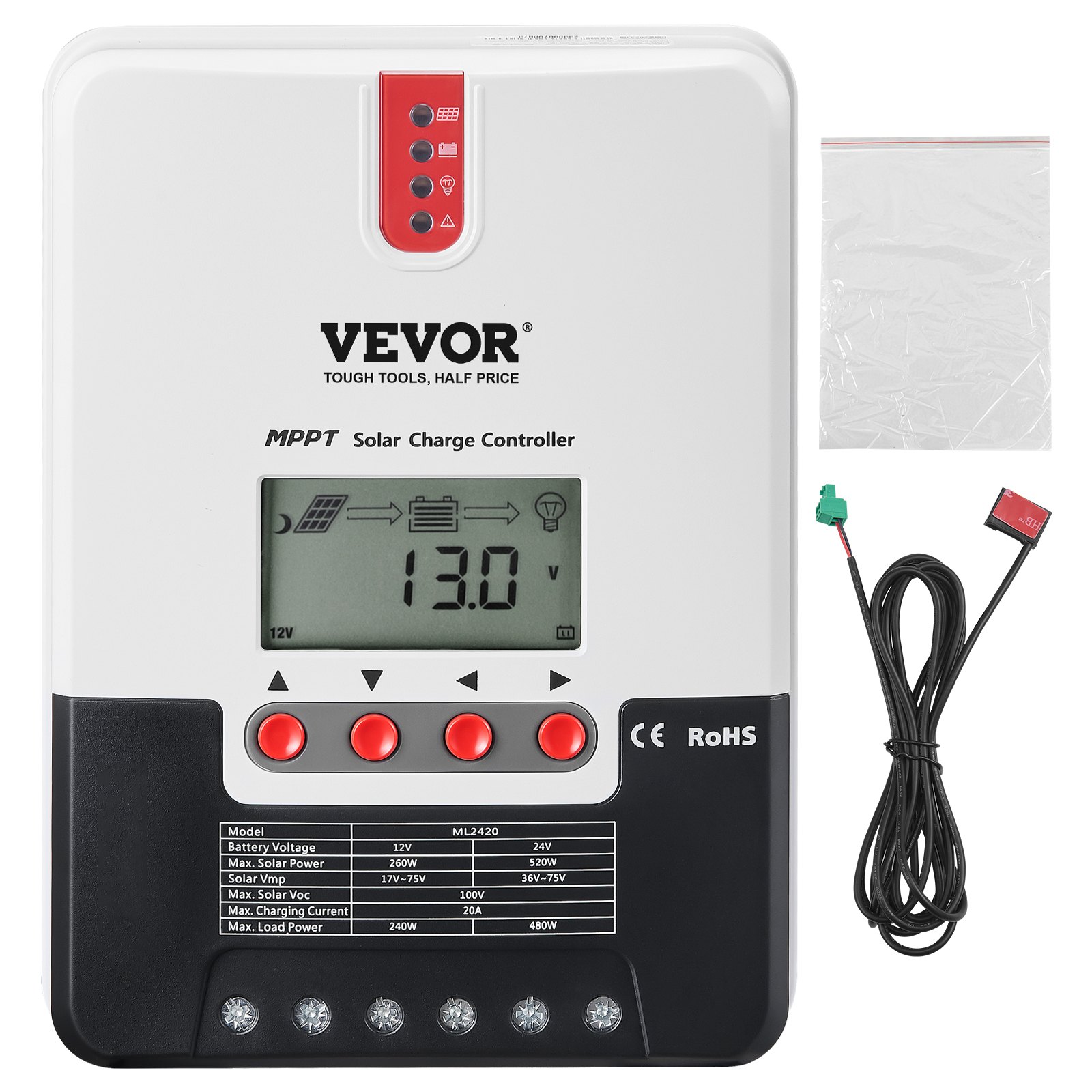 VEVOR 20A 12/24V MPPT Regulator ładowania słonecznego Regulator ładowania paneli słonecznych z wyświetlaczem LCD Interfejs RS232, zewnętrzny moduł sterujący Bluetooth (opcjonalnie) Akcesoria do regulatora ładowania