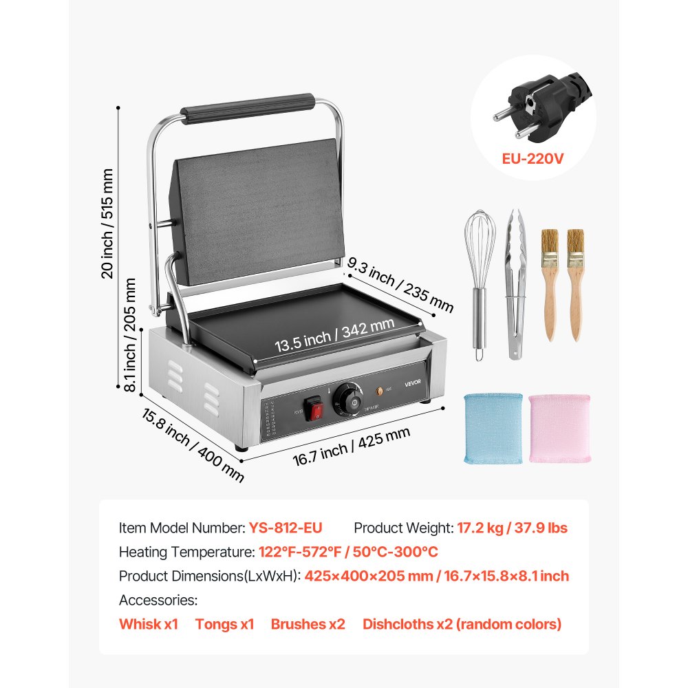 Grill kontaktowy VEVOR Commercial Panini Grill 2200 W do kanapek, steków, bekonu, hamburgerów, opiekacz do kanapek, grill ze stali nierdzewnej z uchwytem i kontrolą temperatury oraz płytą grzewczą 34 x 23 cm, opiekacz do panini