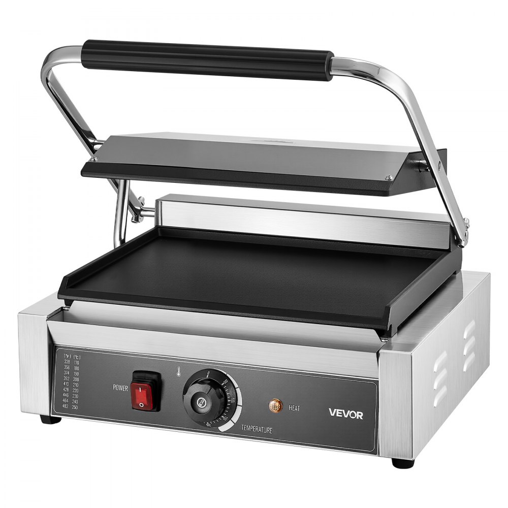 Grill kontaktowy VEVOR Commercial Panini Grill 2200 W do kanapek, steków, bekonu, hamburgerów, opiekacz do kanapek, grill ze stali nierdzewnej z uchwytem i kontrolą temperatury oraz płytą grzewczą 34 x 23 cm, opiekacz do panini