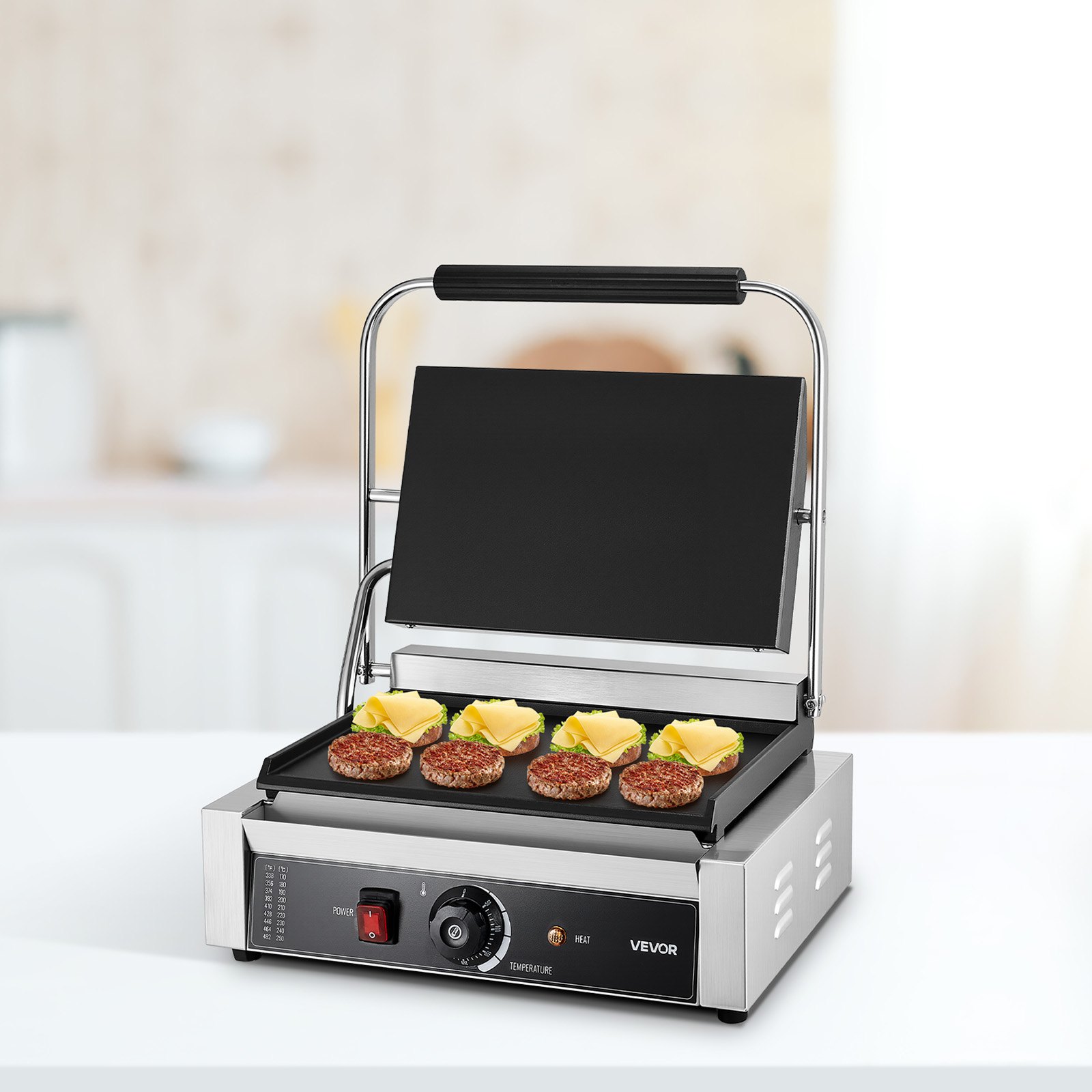 Grill kontaktowy VEVOR Commercial Panini Grill 2200 W do kanapek, steków, bekonu, hamburgerów, opiekacz do kanapek, grill ze stali nierdzewnej z uchwytem i kontrolą temperatury oraz płytą grzewczą 34 x 23 cm, opiekacz do panini
