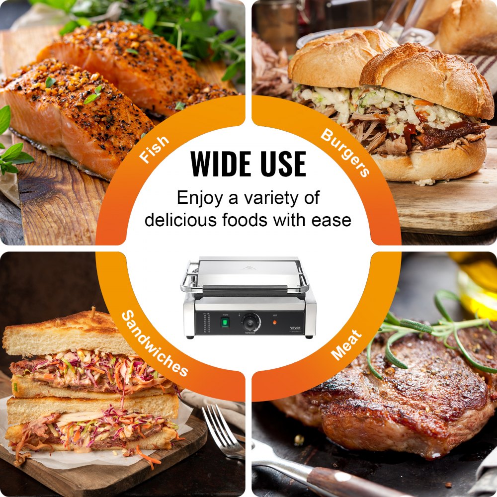 Grill do panini VEVOR Commercial, elektryczny opiekacz do kanapek o mocy 2200 W, grill do kanapek ze stali nierdzewnej, grill do panini z regulacją temperatury i płaską płytą emaliowaną o wymiarach 36 x 23 cm