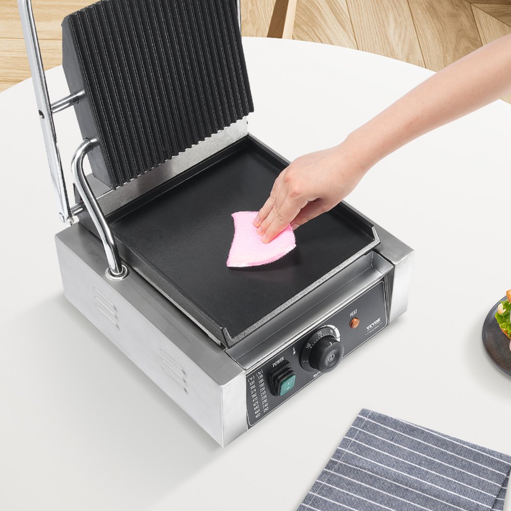 Grill do panini VEVOR Commercial, elektryczny opiekacz do kanapek o mocy 1800 W, grill do kanapek ze stali nierdzewnej, grill do panini z kontrolą temperatury i płaską płytą emaliowaną o wymiarach 23 x 23 cm
