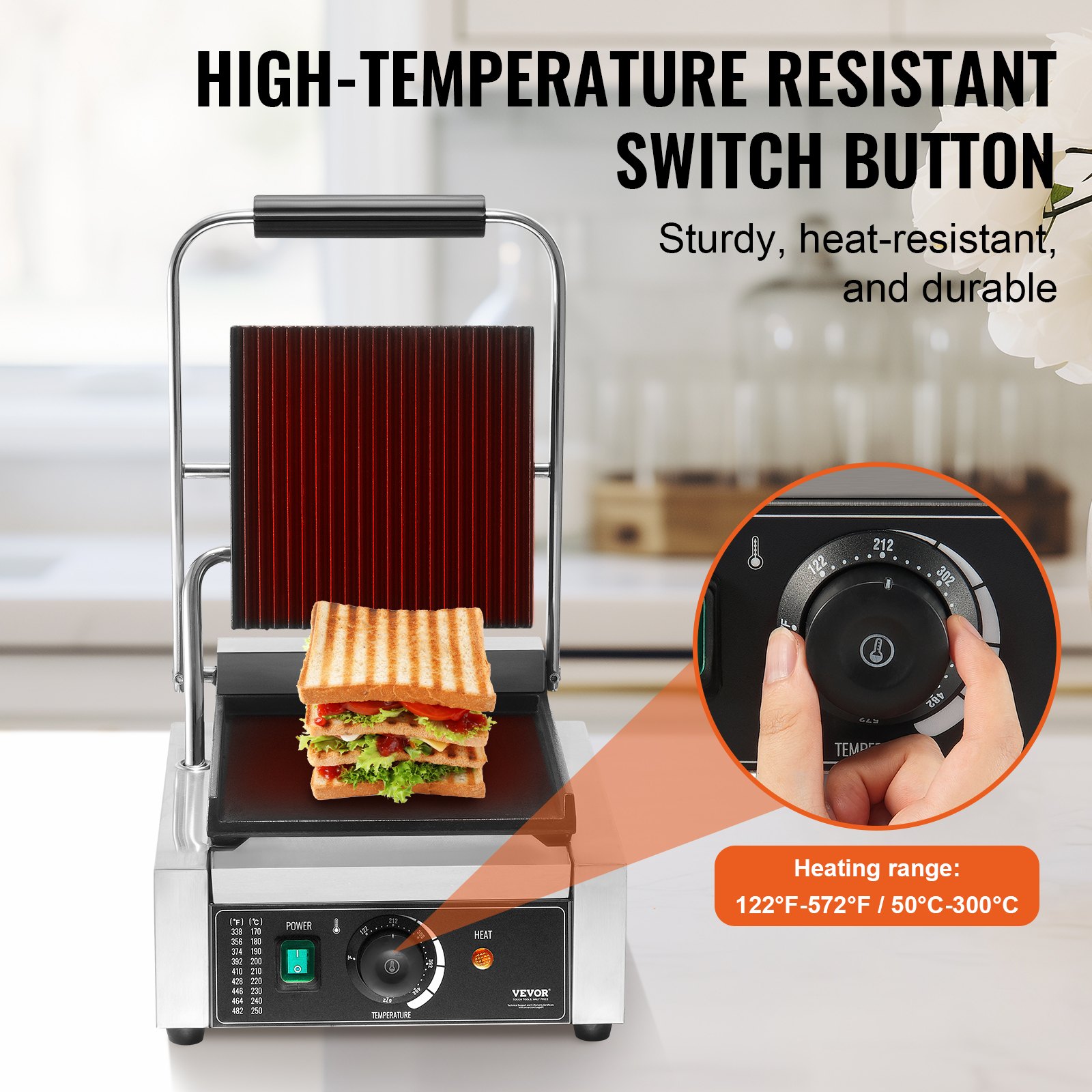 Grill do panini VEVOR Commercial, elektryczny opiekacz do kanapek o mocy 1800 W, grill do kanapek ze stali nierdzewnej, grill do panini z kontrolą temperatury i płaską płytą emaliowaną o wymiarach 23 x 23 cm