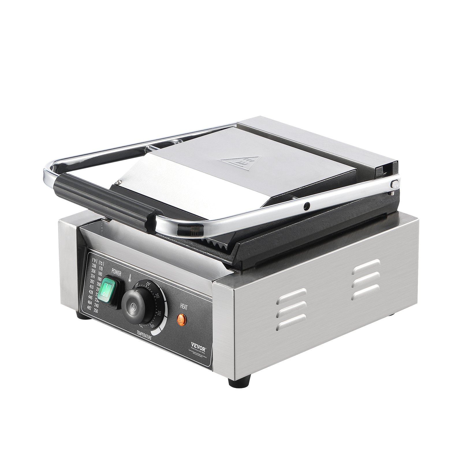 Grill do panini VEVOR Commercial, elektryczny opiekacz do kanapek o mocy 1800 W, grill do kanapek ze stali nierdzewnej, grill do panini z kontrolą temperatury i płaską płytą emaliowaną o wymiarach 23 x 23 cm