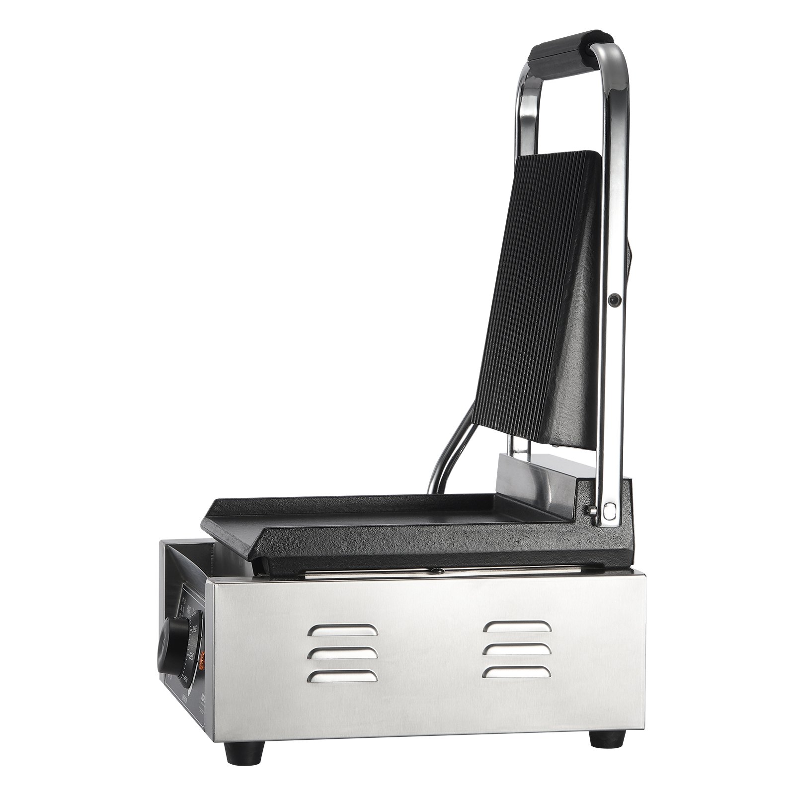 Grill do panini VEVOR Commercial, elektryczny opiekacz do kanapek o mocy 1800 W, grill do kanapek ze stali nierdzewnej, grill do panini z kontrolą temperatury i płaską płytą emaliowaną o wymiarach 23 x 23 cm
