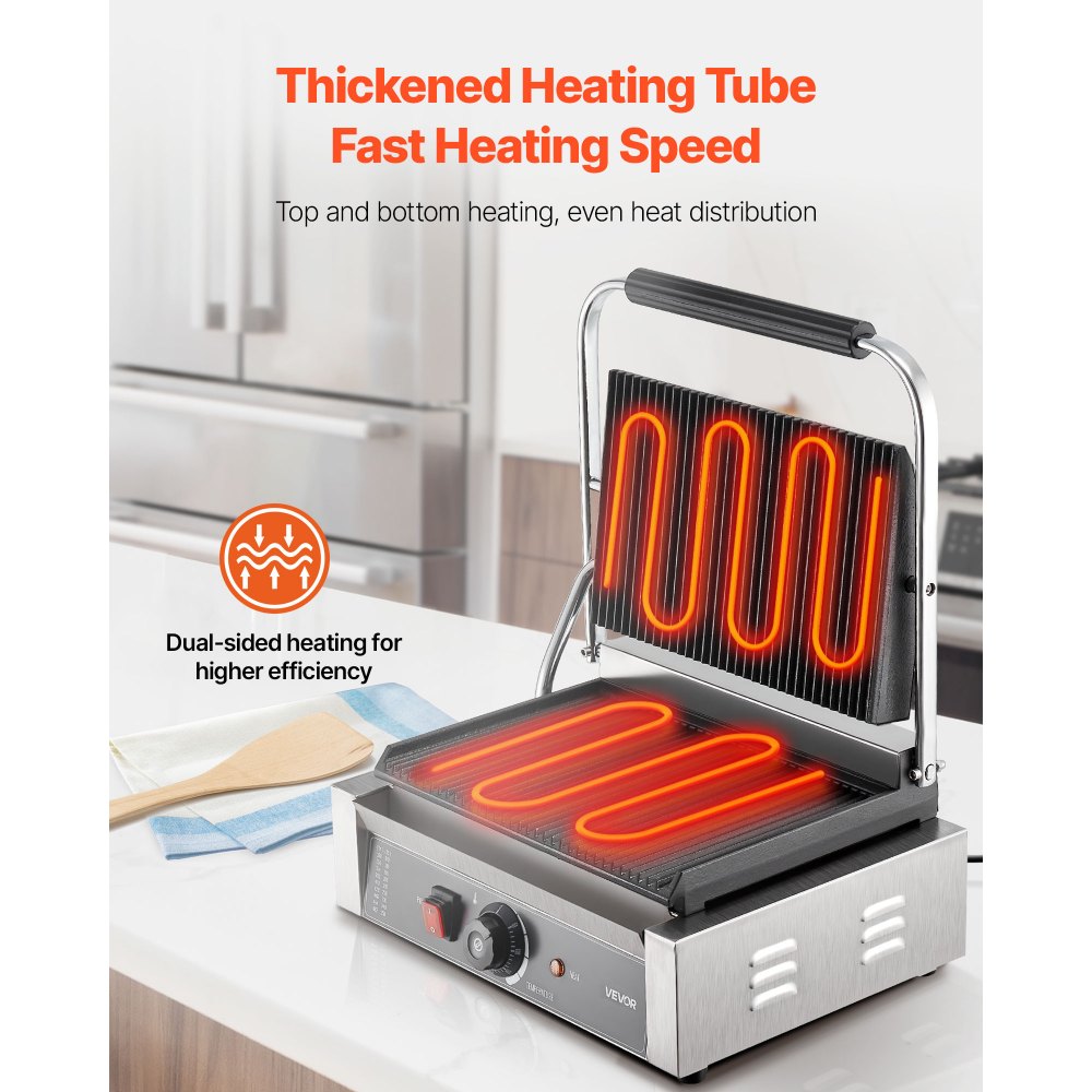 Grill kontaktowy VEVOR Commercial Panini Grill 2200 W do kanapek, steków, bekonu, hamburgerów, opiekacz do kanapek, grill ze stali nierdzewnej z uchwytem i kontrolą temperatury oraz płytą grzewczą 34 x 23 cm, opiekacz do panini