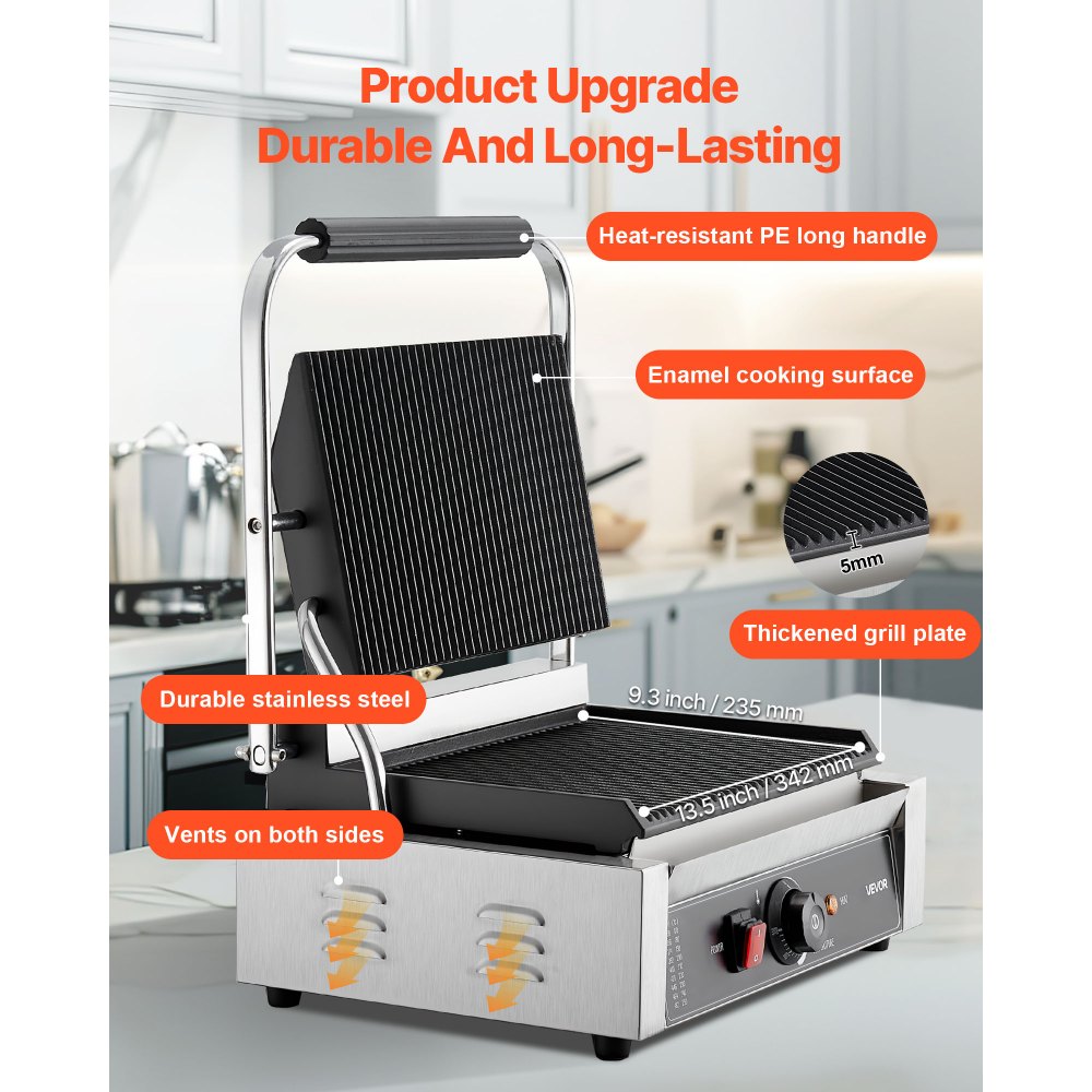Grill kontaktowy VEVOR Commercial Panini Grill 2200 W do kanapek, steków, bekonu, hamburgerów, opiekacz do kanapek, grill ze stali nierdzewnej z uchwytem i kontrolą temperatury oraz płytą grzewczą 34 x 23 cm, opiekacz do panini