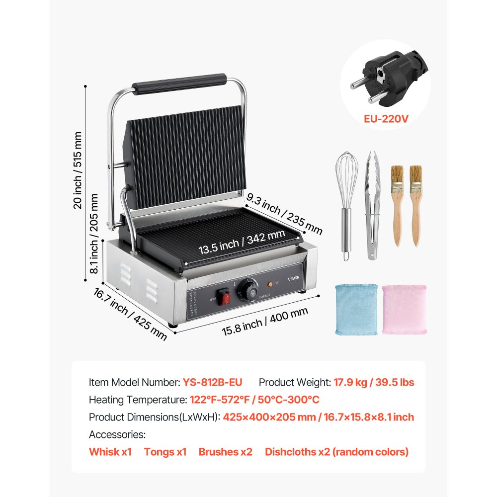 Grill kontaktowy VEVOR Commercial Panini Grill 2200 W do kanapek, steków, bekonu, hamburgerów, opiekacz do kanapek, grill ze stali nierdzewnej z uchwytem i kontrolą temperatury oraz płytą grzewczą 34 x 23 cm, opiekacz do panini