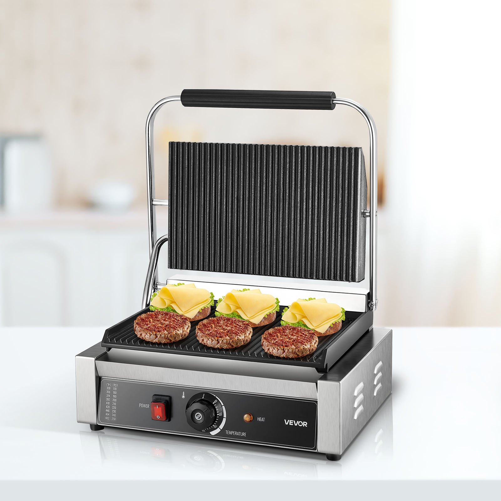 Grill kontaktowy VEVOR Commercial Panini Grill 2200 W do kanapek, steków, bekonu, hamburgerów, opiekacz do kanapek, grill ze stali nierdzewnej z uchwytem i kontrolą temperatury oraz płytą grzewczą 34 x 23 cm, opiekacz do panini