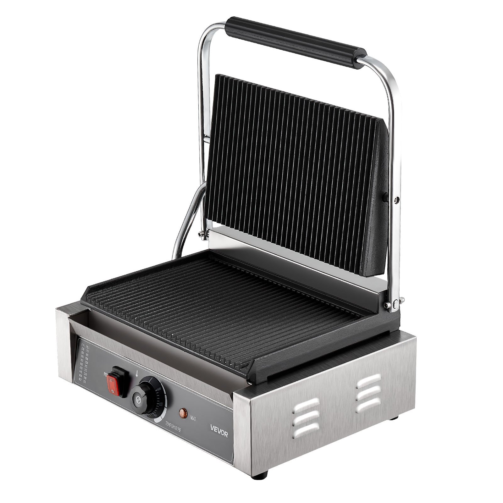 Grill kontaktowy VEVOR Commercial Panini Grill 2200 W do kanapek, steków, bekonu, hamburgerów, opiekacz do kanapek, grill ze stali nierdzewnej z uchwytem i kontrolą temperatury oraz płytą grzewczą 34 x 23 cm, opiekacz do panini
