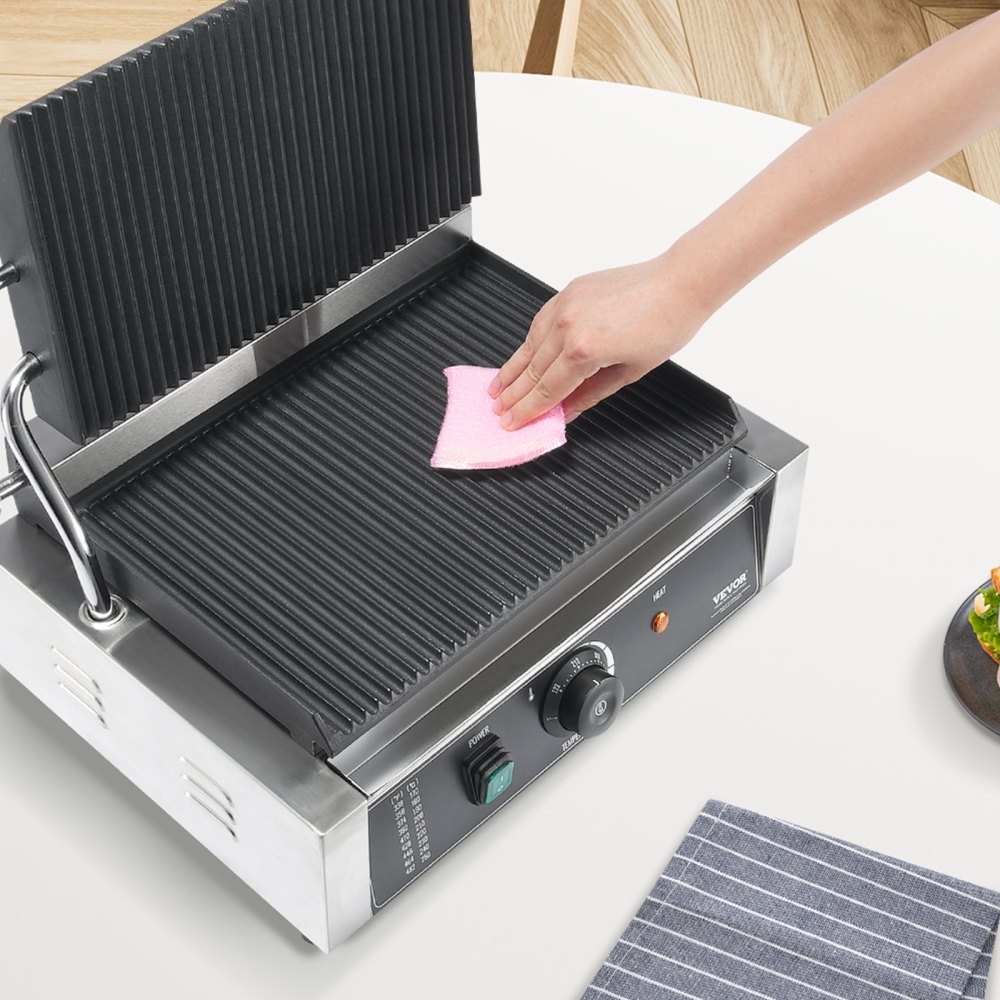Grill do panini VEVOR Commercial, elektryczny opiekacz do kanapek o mocy 2,2 kW, opiekacz do kanapek ze stali nierdzewnej, grill do panini z kontrolą temperatury i w pełni ryflowaną płytą emaliowaną o wymiarach 36 x 23 cm