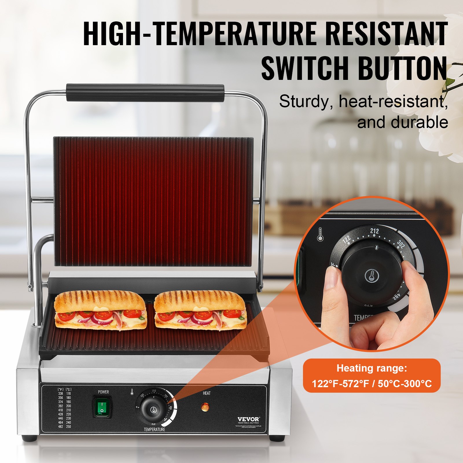 Grill do panini VEVOR Commercial, elektryczny opiekacz do kanapek o mocy 2,2 kW, opiekacz do kanapek ze stali nierdzewnej, grill do panini z kontrolą temperatury i w pełni ryflowaną płytą emaliowaną o wymiarach 36 x 23 cm