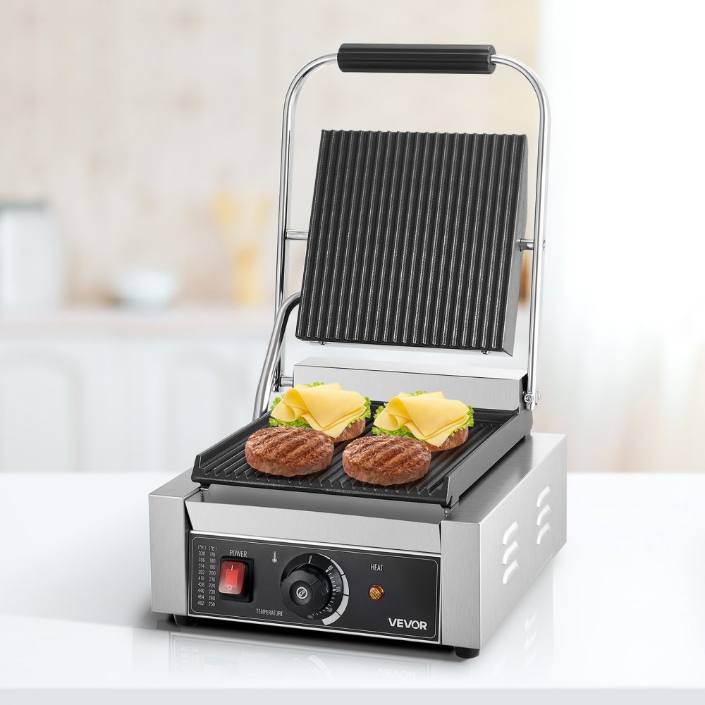 Grill kontaktowy VEVOR Commercial Panini o mocy 1800 W do kanapek, steków, bekonu, hamburgerów, opiekacz do kanapek, grill ze stali nierdzewnej z uchwytem i kontrolą temperatury oraz płytą grzewczą 22 x 23 cm, opiekacz do panini