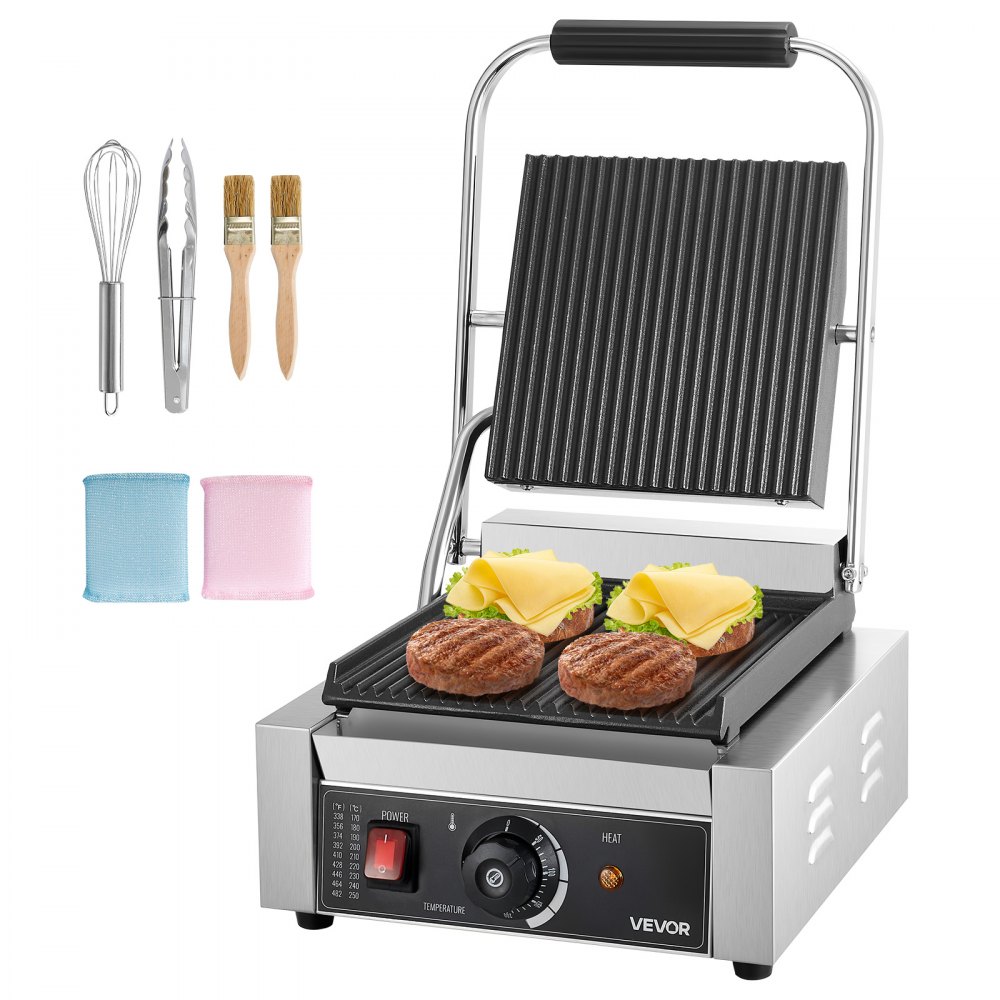 Grill kontaktowy VEVOR Commercial Panini o mocy 1800 W do kanapek, steków, bekonu, hamburgerów, opiekacz do kanapek, grill ze stali nierdzewnej z uchwytem i kontrolą temperatury oraz płytą grzewczą 22 x 23 cm, opiekacz do panini