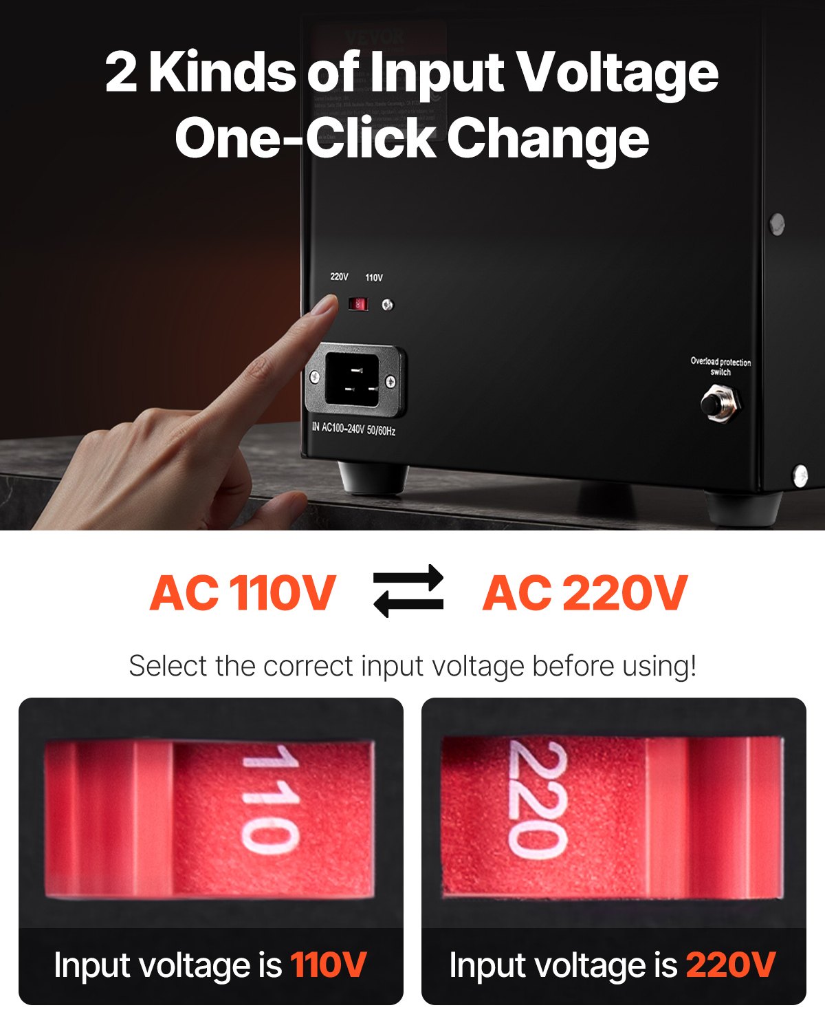 VEVOR Konwerter napięcia 2000 W AC 110 V⇋220 V Konwerter transformatorowy 2 x amerykańskie gniazda wyjściowe NEMA 5-15R 3-pinowe/2 x standardowe europejskie gniazda wyjściowe Shucko, 1 x port USB 5 V, 1 x gniazdo typu C