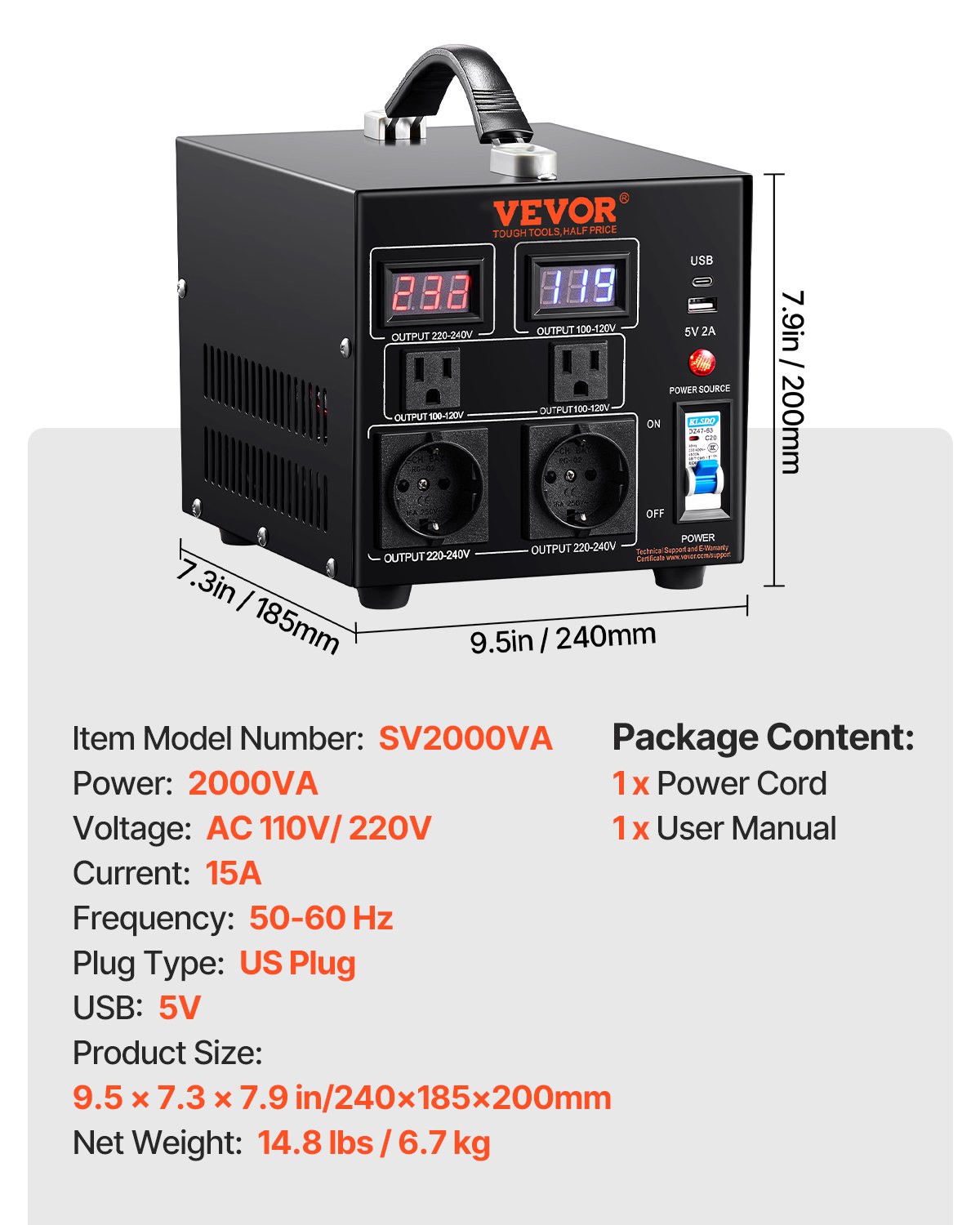 VEVOR Konwerter napięcia 2000 W AC 110 V⇋220 V Konwerter transformatorowy 2 x amerykańskie gniazda wyjściowe NEMA 5-15R 3-pinowe/2 x standardowe europejskie gniazda wyjściowe Shucko, 1 x port USB 5 V, 1 x gniazdo typu C