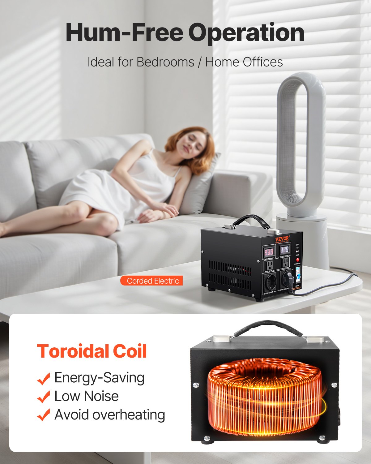 VEVOR Konwerter napięcia 2000 W AC 110 V⇋220 V Konwerter transformatorowy 2 x amerykańskie gniazda wyjściowe NEMA 5-15R 3-pinowe/2 x standardowe europejskie gniazda wyjściowe Shucko, 1 x port USB 5 V, 1 x gniazdo typu C