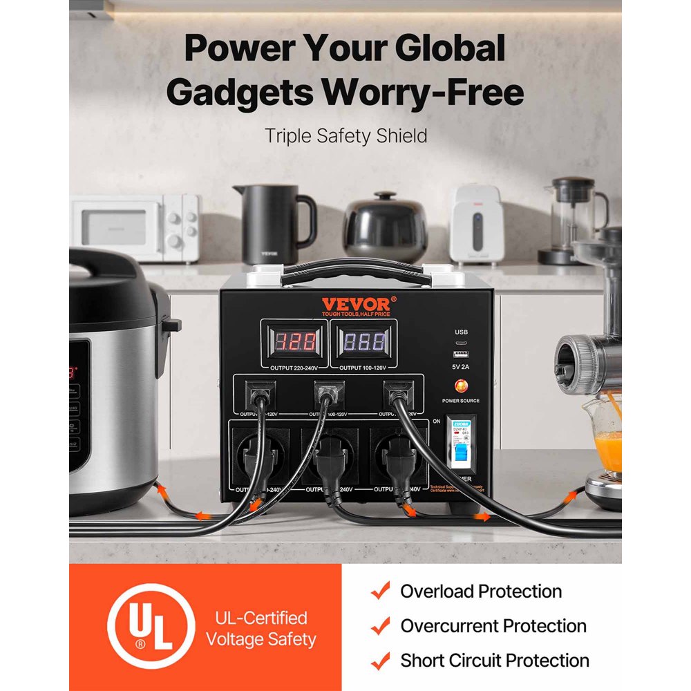 Konwerter napięcia VEVOR 5000 W AC 110 V⇋220 V Konwerter transformatorowy 3 x amerykańskie gniazda wyjściowe NEMA 5-15R 3-pinowe / 3 x europejskie gniazda wyjściowe Shucko, 1 x port USB 5 V i 1 x gniazdo typu C