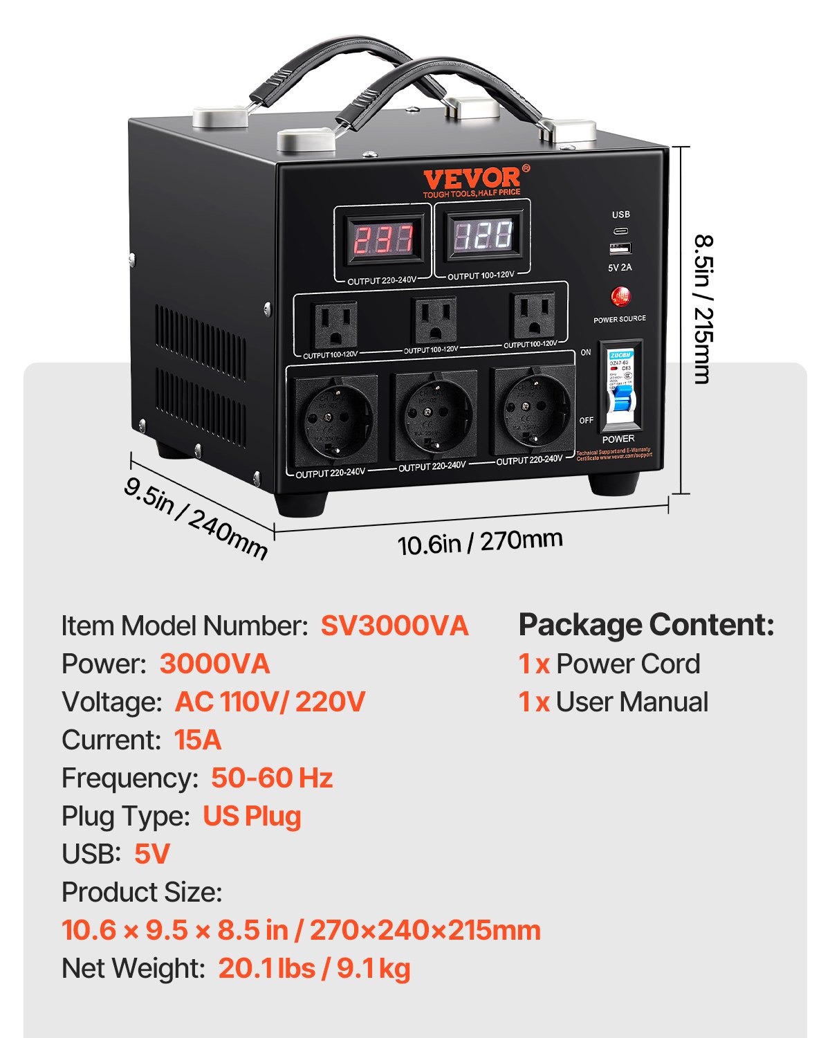 VEVOR Konwerter napięcia 3000 W AC 110 V⇋220 V Konwerter transformatorowy 3 gniazda wyjściowe NEMA 5-15R (USA) 3-pinowe, 3 gniazda wyjściowe Shucko (Europa), 1 gniazdo USB i 1 gniazdo typu C