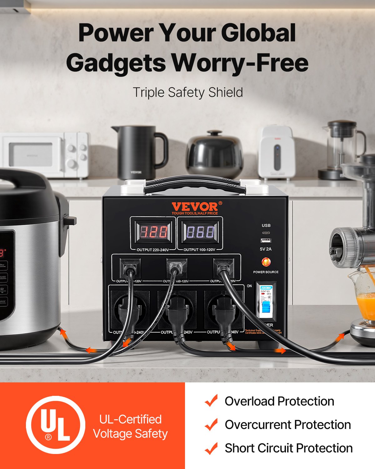 Konwerter napięcia VEVOR 3000 W AC 110 V⇋220 V Konwerter transformatorowy 3 gniazda wyjściowe NEMA 5-15R (USA) 3-pinowe, 3 gniazda wyjściowe Shucko (Europa), 1 gniazdo USB i 1 gniazdo typu C