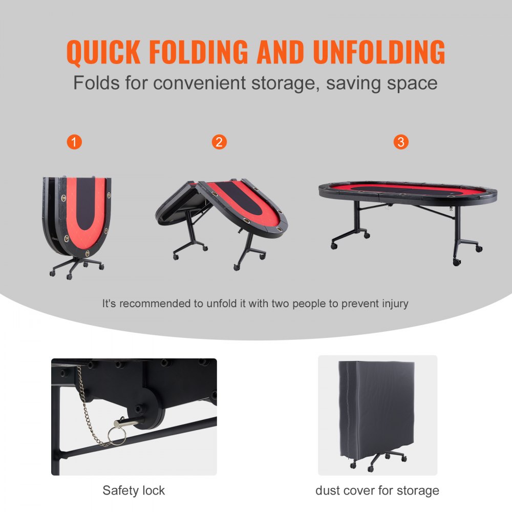 VEVOR Casino Poker Table with Folding Legs, 2290 x 1220 x 800 mm (L x W x H), Foldable Poker Table, Black & Red Poker Mat, Folding Table for 10 Players, Portable Poker Table with Dust Cover