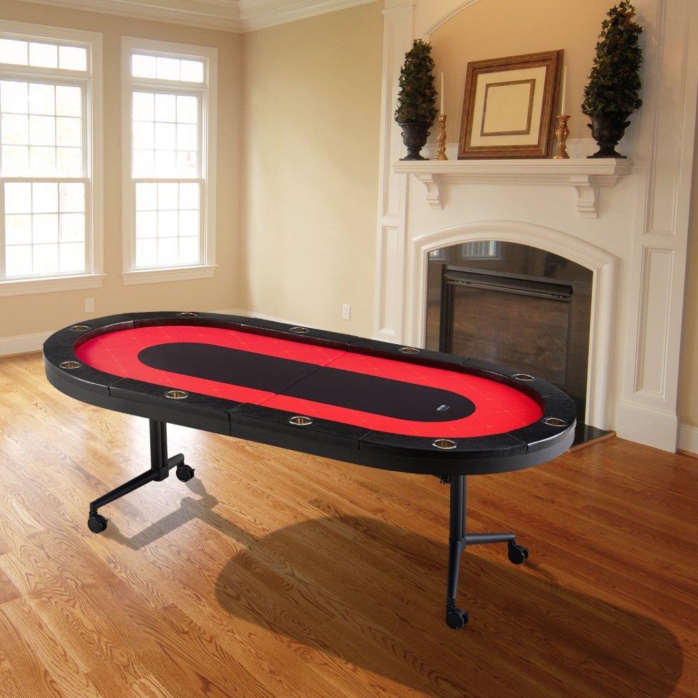 VEVOR Casino Poker Table with Folding Legs, 2290 x 1220 x 800 mm (L x W x H), Foldable Poker Table, Black & Red Poker Mat, Folding Table for 10 Players, Portable Poker Table with Dust Cover