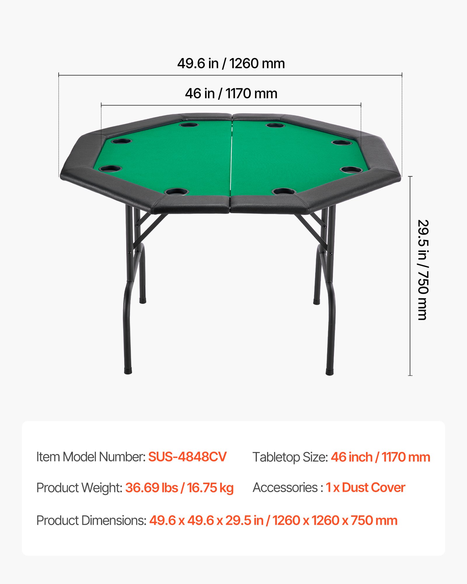 VEVOR Foldable Poker Table, 8 Player 1220 mm Folding Casino Leisure Table with Padded Rails & Cup Holders, Octagonal Portable Game Tables with Felt & Metal Legs, for Texas Hold'em Game and Blackjack