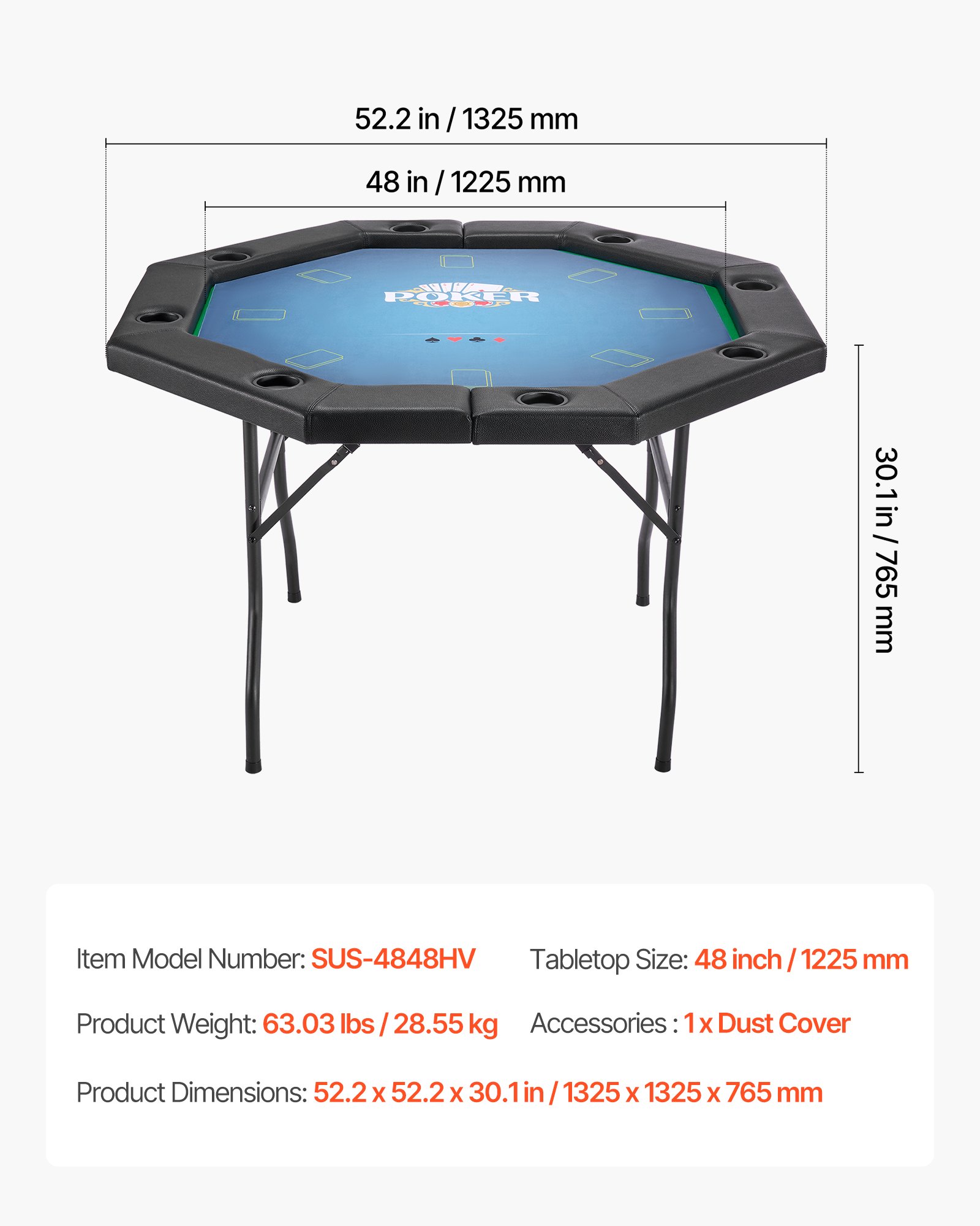 VEVOR Foldable Poker Table, 8 Player 1220 mm Folding Casino Leisure Table with Padded Rails & Cup Holders, Octagonal Portable Game Tables with Felt & Metal Legs, for Texas Hold'em Game and Blackjack