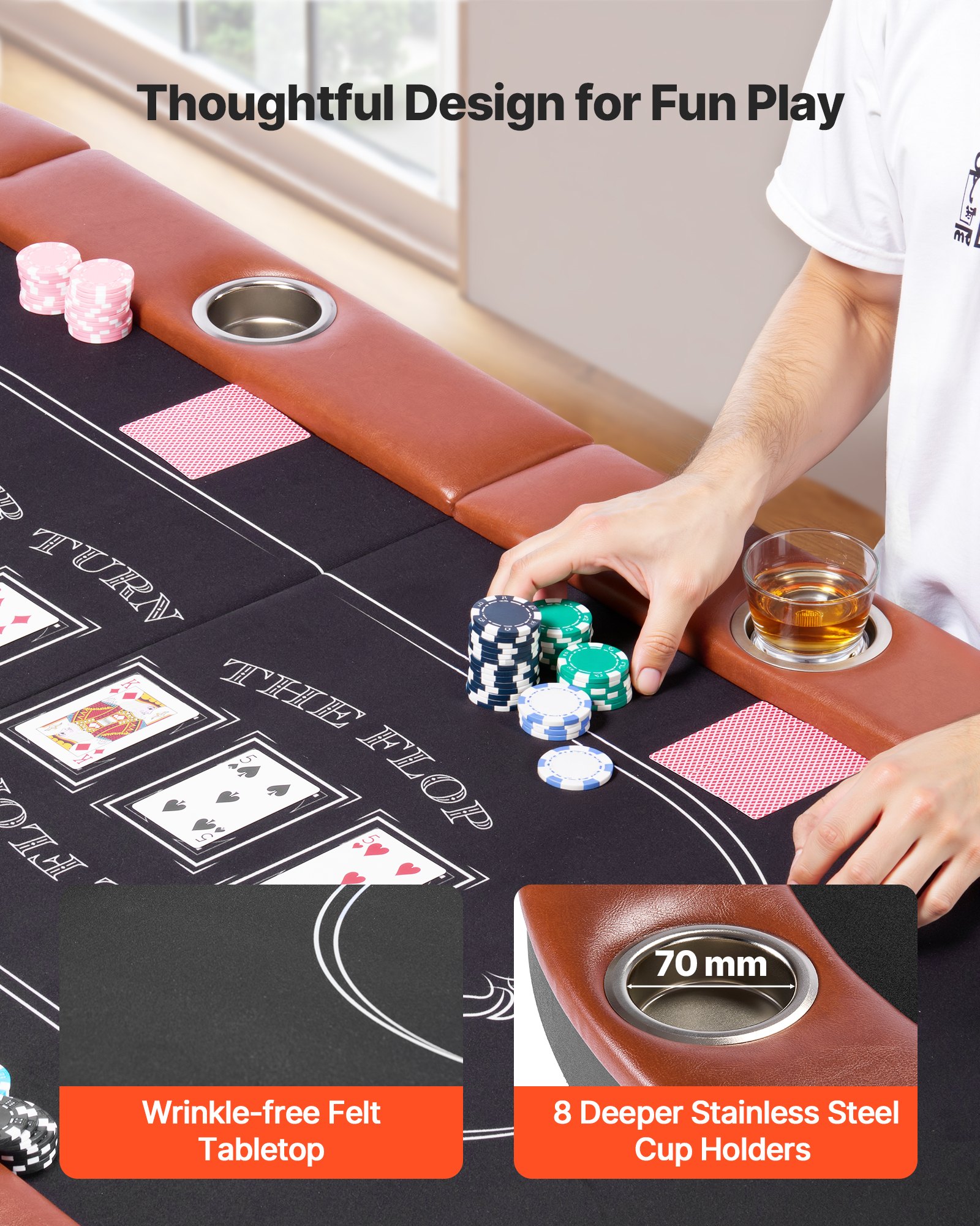 VEVOR Składany stół pokerowy dla 8 graczy (183 cm) Stół rekreacyjny do kasyna z wyściełanymi listwami i uchwytami na kubki, Owalny, przenośny stół do gry z nogami z filcu i metalu, do pokera Texas Hold'em