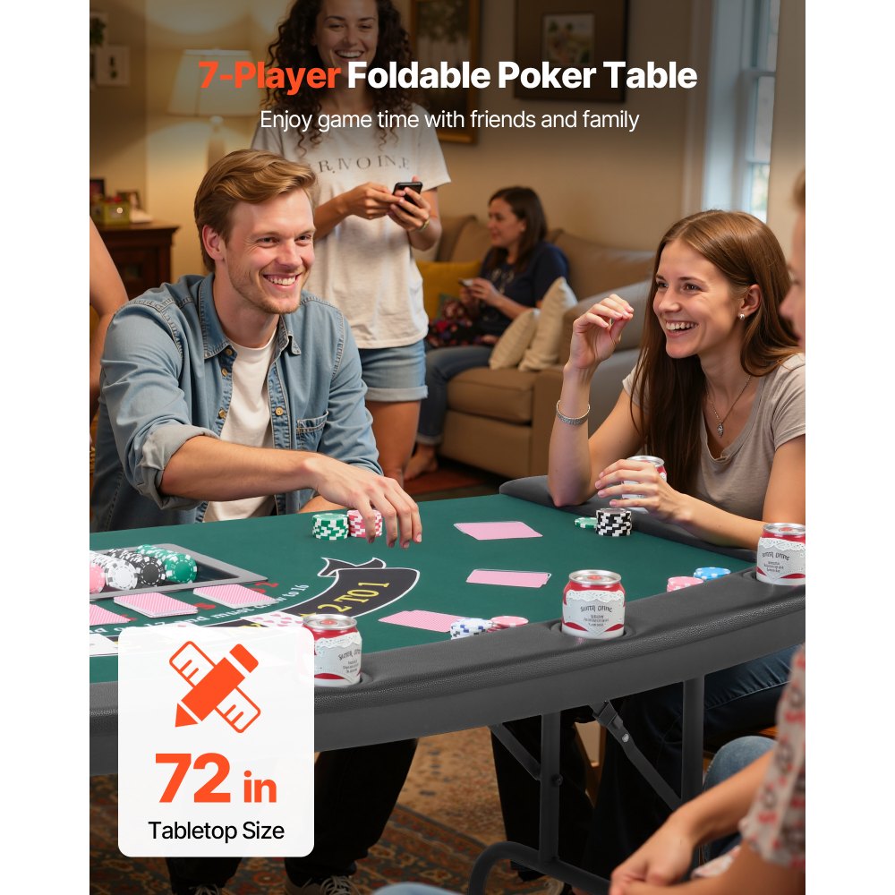 VEVOR Składany stół pokerowy dla 7 graczy (183 cm) Stół rekreacyjny do kasyna z wyściełanymi listwami i uchwytami na kubki, Półowalny przenośny stół do gier z nogami z filcu i metalu, do pokera Texas Hold'em