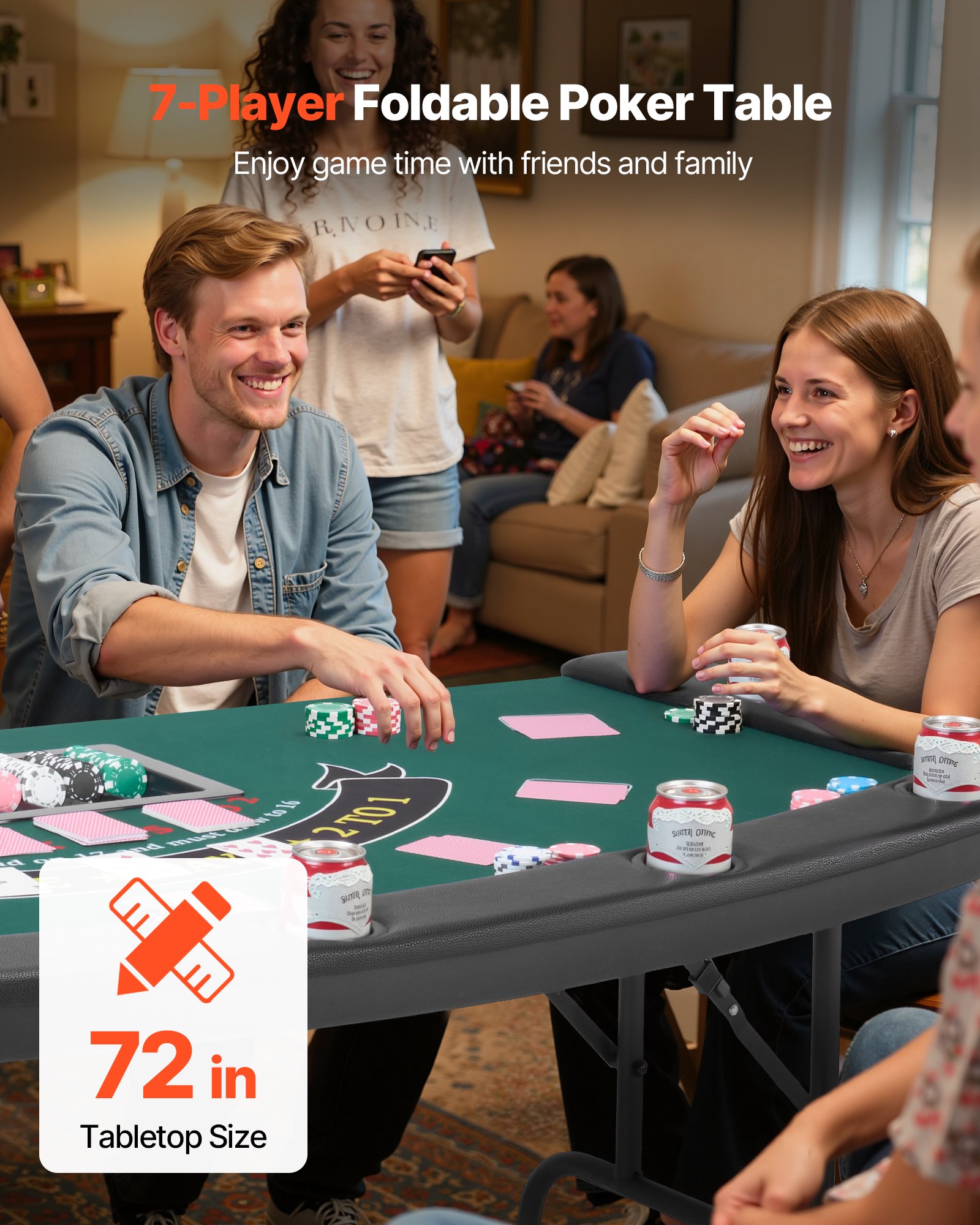 VEVOR Składany stół pokerowy dla 7 graczy (183 cm) Stół rekreacyjny do kasyna z wyściełanymi listwami i uchwytami na kubki, Półowalny przenośny stół do gier z nogami z filcu i metalu, do pokera Texas Hold'em