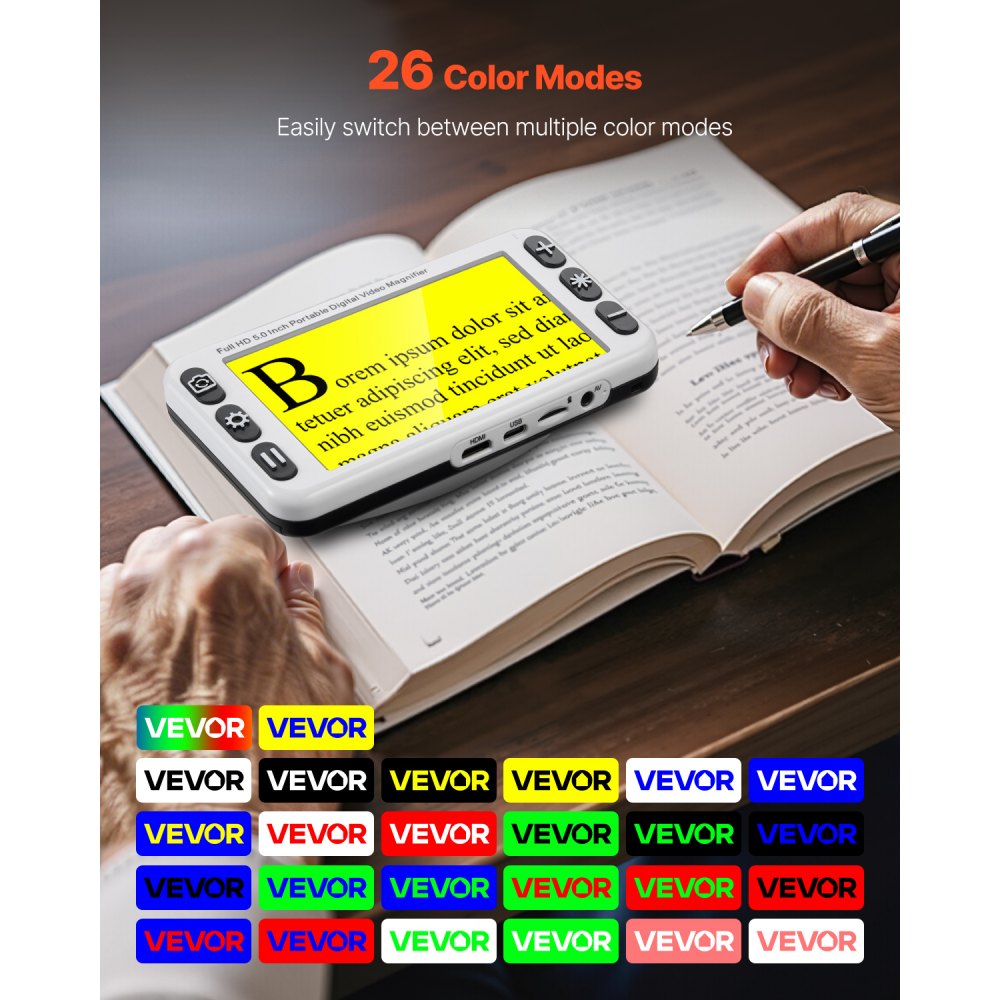VEVOR Portable Digital Magnifier, 127mm HD Electronic Video Magnifier for Low Version, 2X - 48X Electronic Reading Aid with 13MP Near & Far Dual Lens, 26 Color Mode, AV/HDMI Output & Foldable Handle