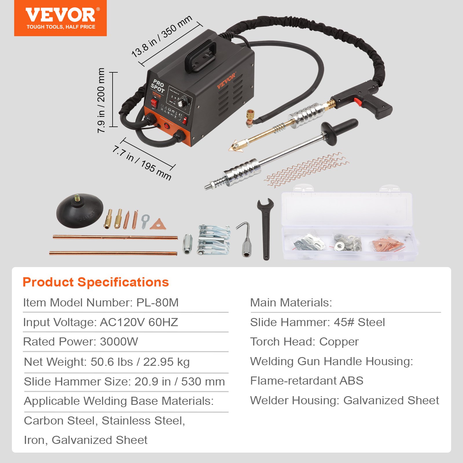 VEVOR Spot Welder Dent Spotter 3kW Spawarka do usuwania wgnieceń 6 w 1 Spawarka z systemem ochrony przed przegrzaniem Body Spotter Grubość spawania 1,2 mm do stali węglowej, stali nierdzewnej i żelaza