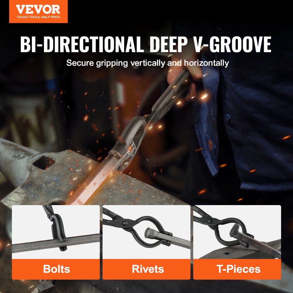 Szczypce kowalskie VEVOR, 461 x 68 x 18 mm Szczypce kowalskie V-Bit, maksymalny kąt szczęki 96 ± 5°, szczypce V-Bit ze stali węglowej, maks. grubość szczęki 8,8 mm, szczypce kowalskie z przedłużoną rękojeścią