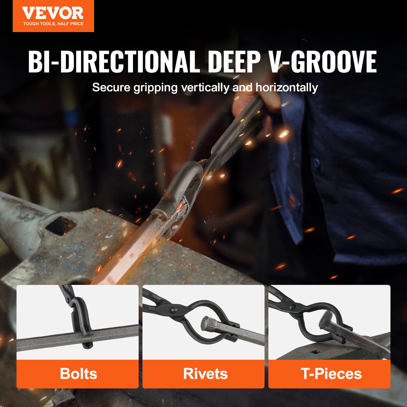 Szczypce kowalskie VEVOR, 461 x 68 x 18 mm Szczypce kowalskie V-Bit, maksymalny kąt szczęki 96 ± 5°, szczypce V-Bit ze stali węglowej, maks. grubość szczęki 8,8 mm, szczypce kowalskie z przedłużoną rękojeścią