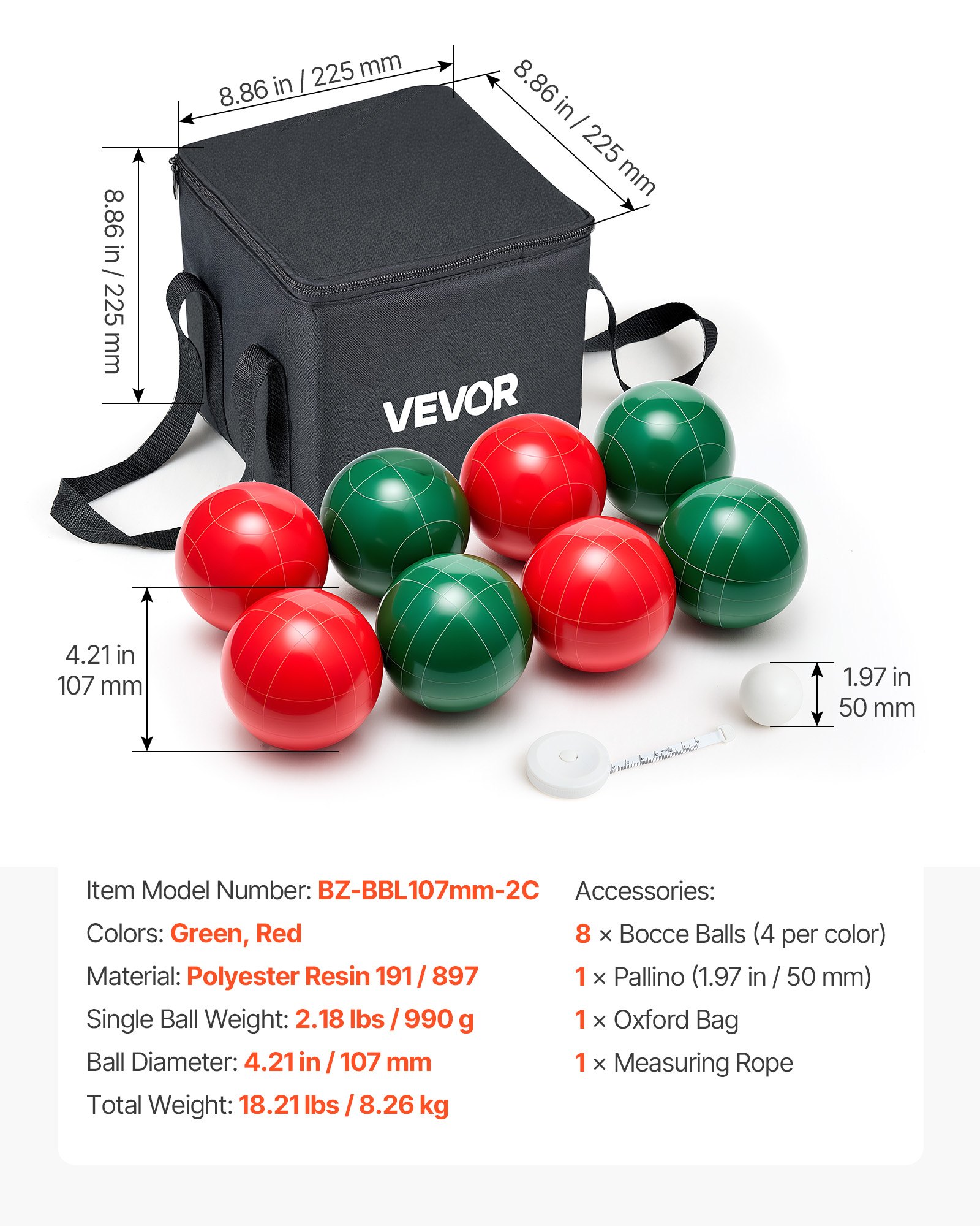 VEVOR Bocce Ball Set, 107 mm, with 8 Resin Balls, Pallino, Carrying Bag and Measuring Rope, Red and Green 2 Colors, for 2 to 8 Players, Bocce Ball Game Set for Beach, Lawn, Family Backyard, Outdoor