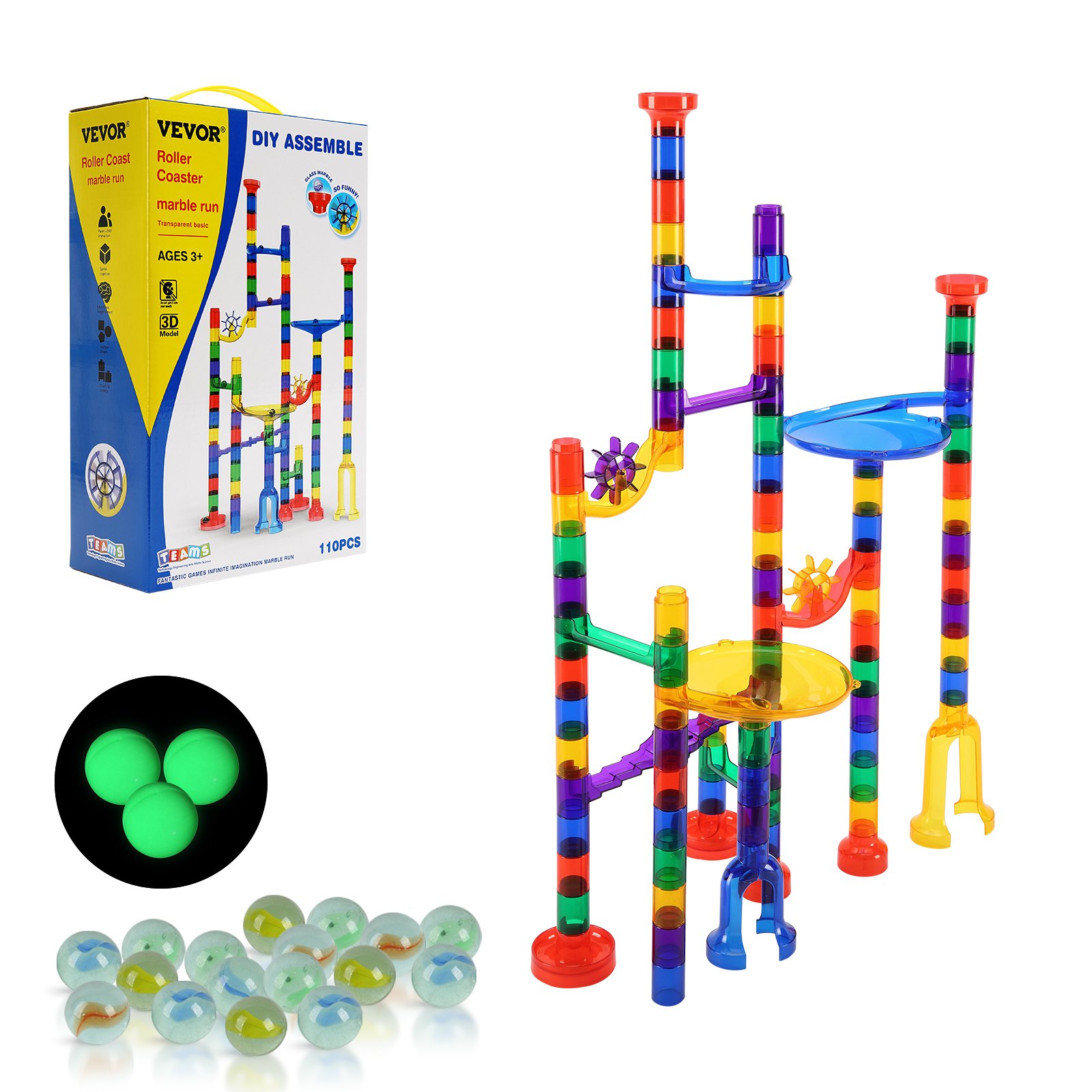 Zestaw VEVOR Marble Run, 110-elementowa gra edukacyjna z labiryntem z klocków, 10 świecącymi w ciemności kulkami + 20 szklanych kulek, edukacyjna zabawka STEM w formie toru wyścigowego, dla dzieci w wieku od 3 lat