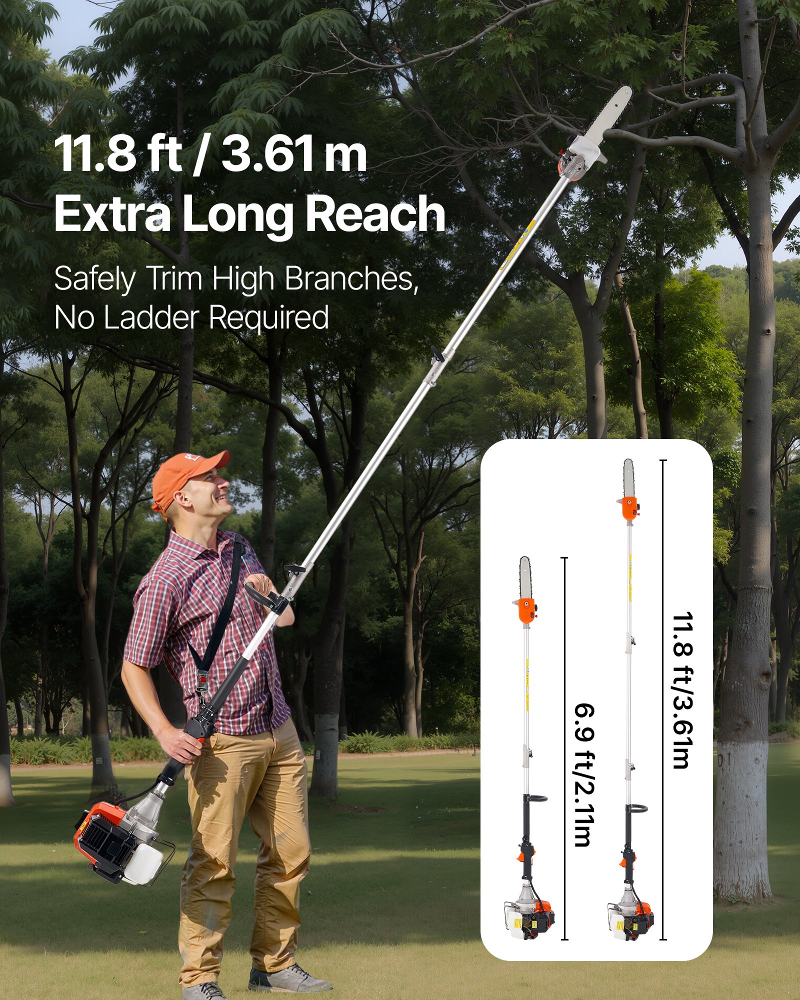 VEVOR Spalinowa piła łańcuchowa z silnikiem teleskopowym 43 cm3, dwusuwowa, z głowicą obrotową, wysięgnik rozsuwany 2,11–3,61 m, prowadnica 25,4 cm, zbiornik paliwa 850 ml, do ścinania drzew