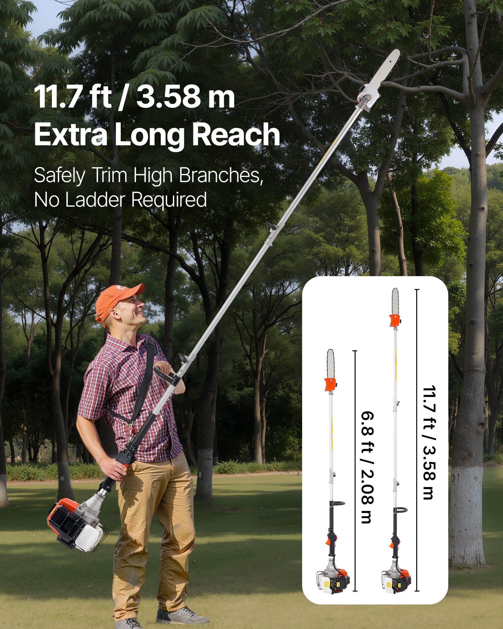 VEVOR Spalinowa piła łańcuchowa na tyczce, 43 cm³, dwusuwowa, teleskopowa z wysuwanym trzonkiem 2,08–3,58 m, ostrzem 25,4 cm, zbiornikiem paliwa 850 ml, do wydajnego cięcia wysokich koron drzew