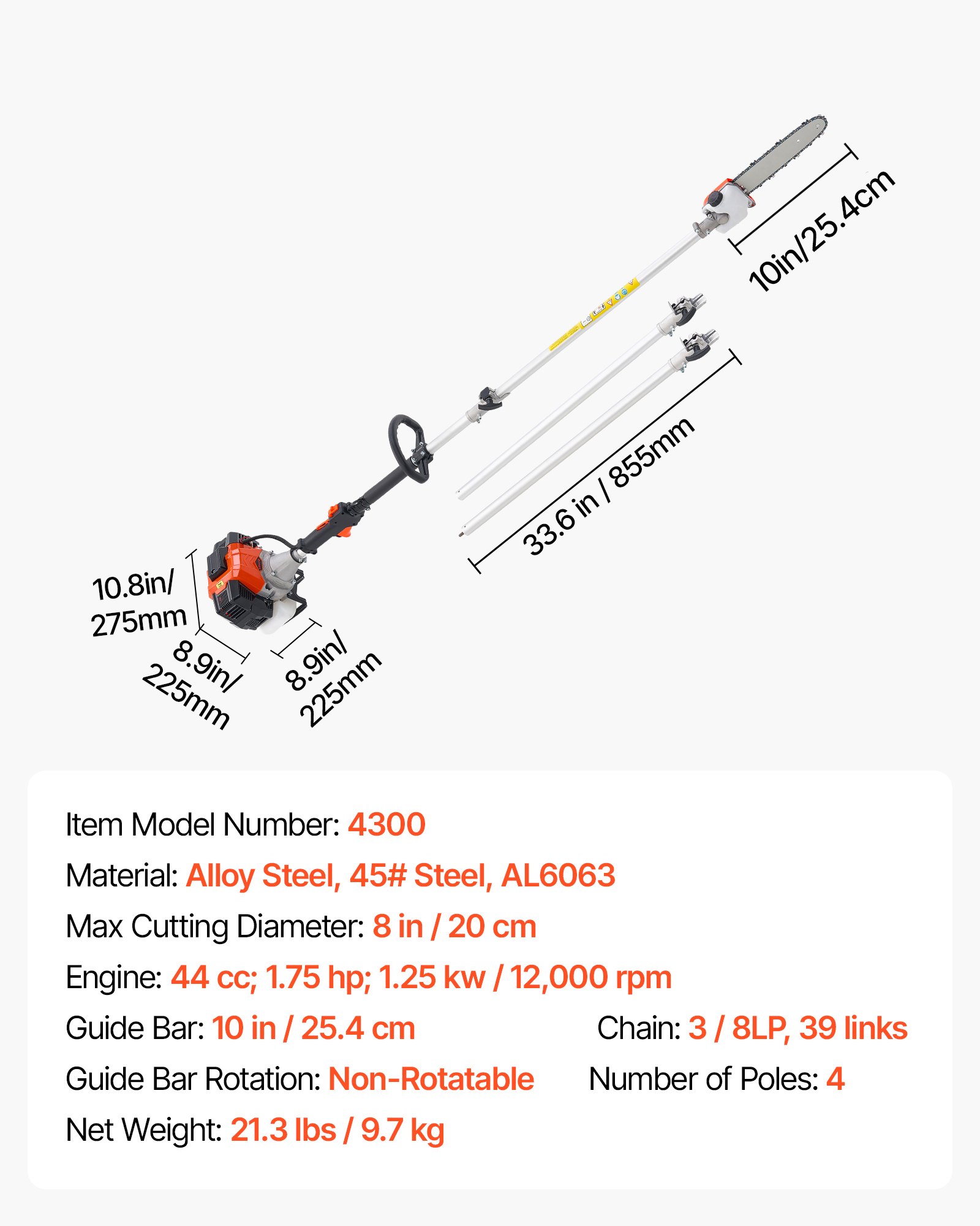 VEVOR Spalinowa piła łańcuchowa na tyczce, 43 cm³, dwusuwowa, teleskopowa z wysuwanym trzonkiem 2,08–3,58 m, ostrzem 25,4 cm, zbiornikiem paliwa 850 ml, do wydajnego cięcia wysokich koron drzew
