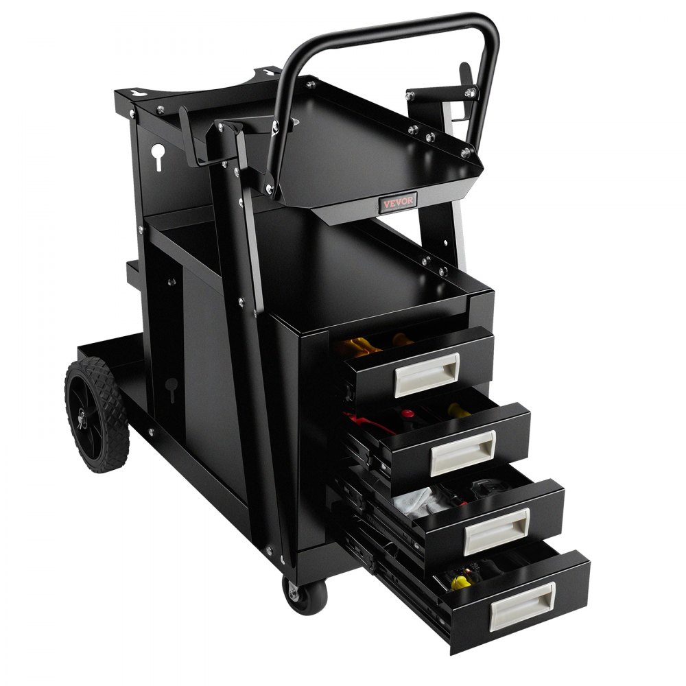 VEVOR Welding Trolley with 2 Shelves and 4 Drawers, Max. 100-120kg, for Welding Equipment with 2 Gas Cylinder Holders, Ideal for Manual Welding, MIG/MAG Welding, and Argon Arc Welding