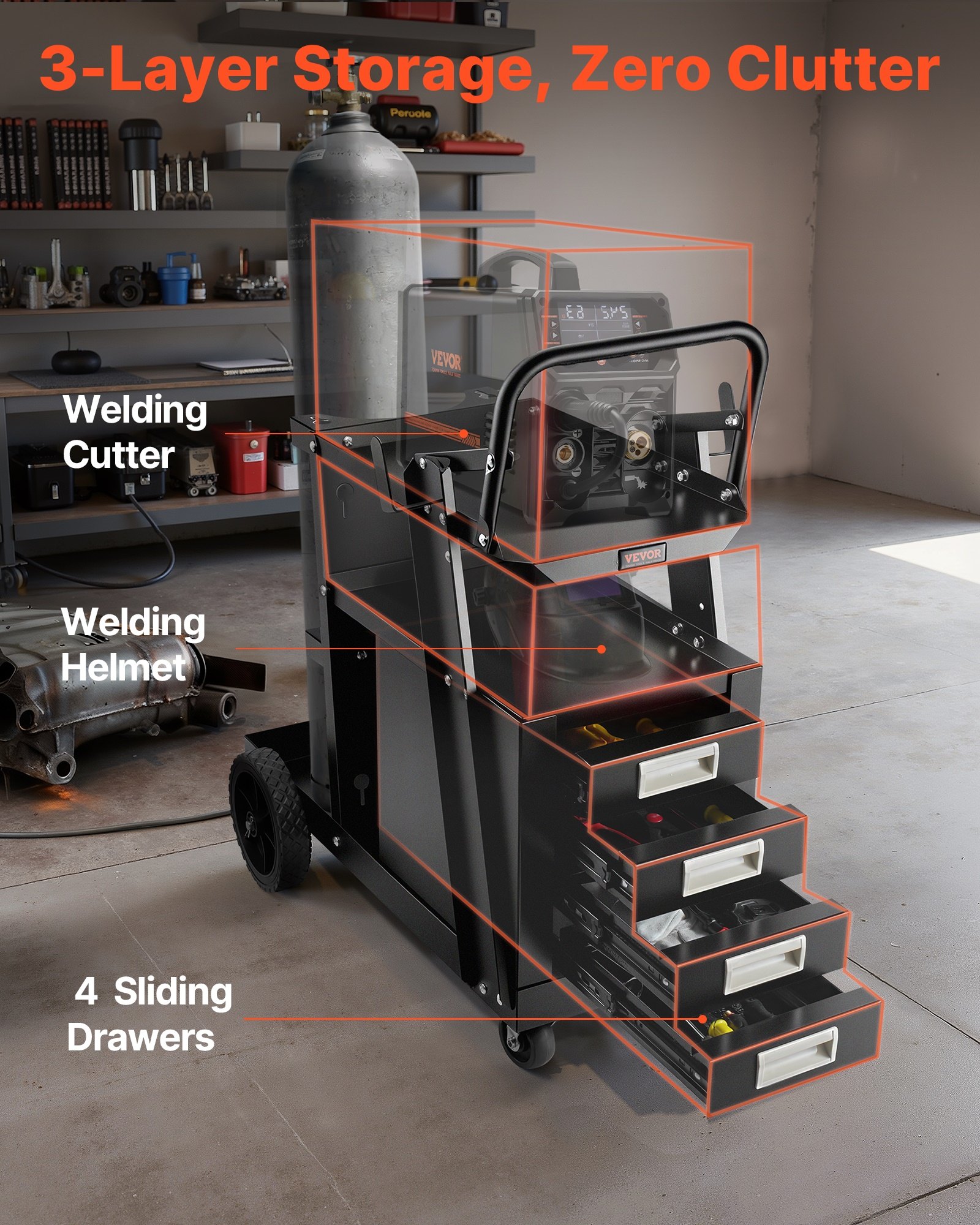 VEVOR Welding Trolley with 2 Shelves and 4 Drawers, Max. 100-120kg, for Welding Equipment with 2 Gas Cylinder Holders, Ideal for Manual Welding, MIG/MAG Welding, and Argon Arc Welding