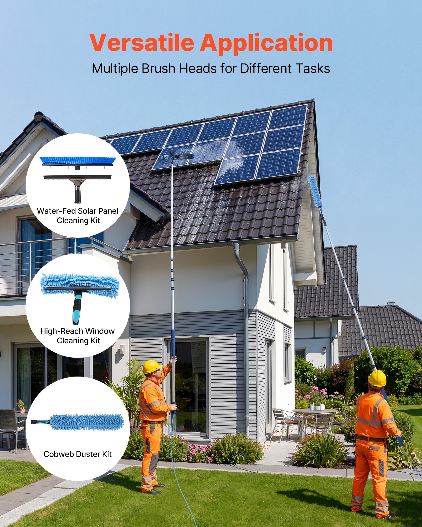 VEVOR Solar Panel Cleaning Kit, 7.99 m, Water Fed Pole Kit with Cleaning Brush, Squeegee, Soap Dispenser, Extendable Aluminum Telescopic Pole, 180° Rotatable Brush Head, for Roof Mounted Solar Panels